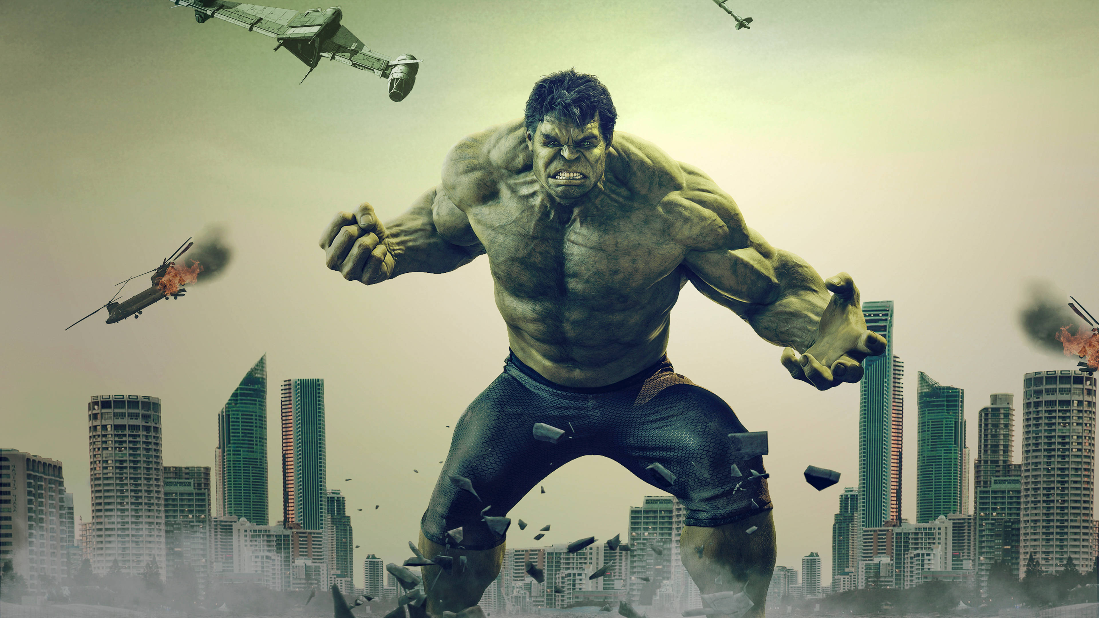 Hulk, crumbling cityscape, helicopters explode, 4K Desktop Wallpaper