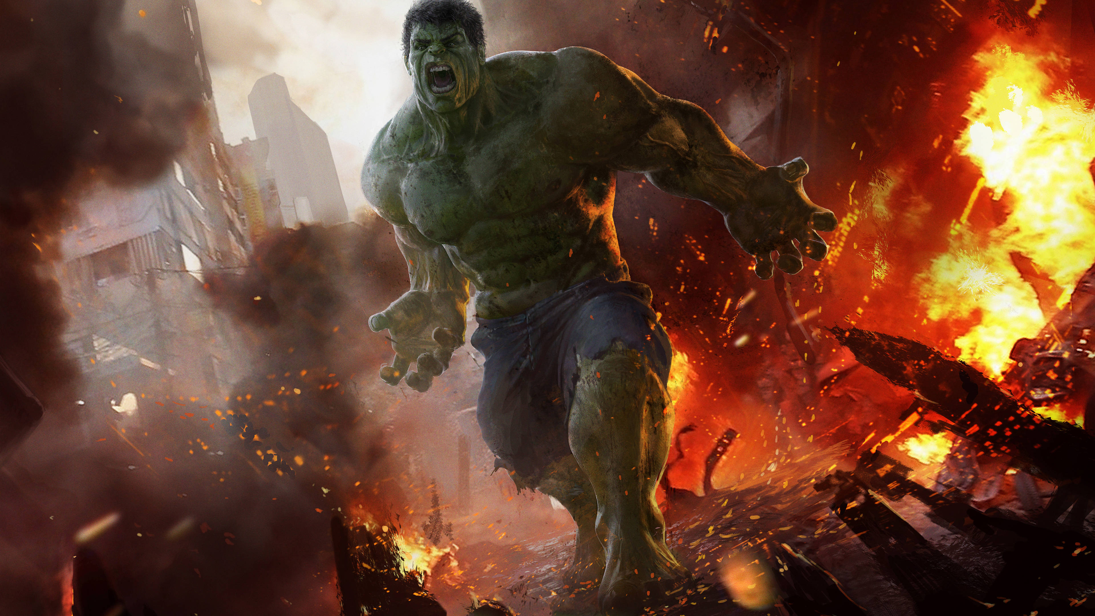 Hulk, fiery explosions, crumbling city ruins, 4K Desktop Wallpaper
