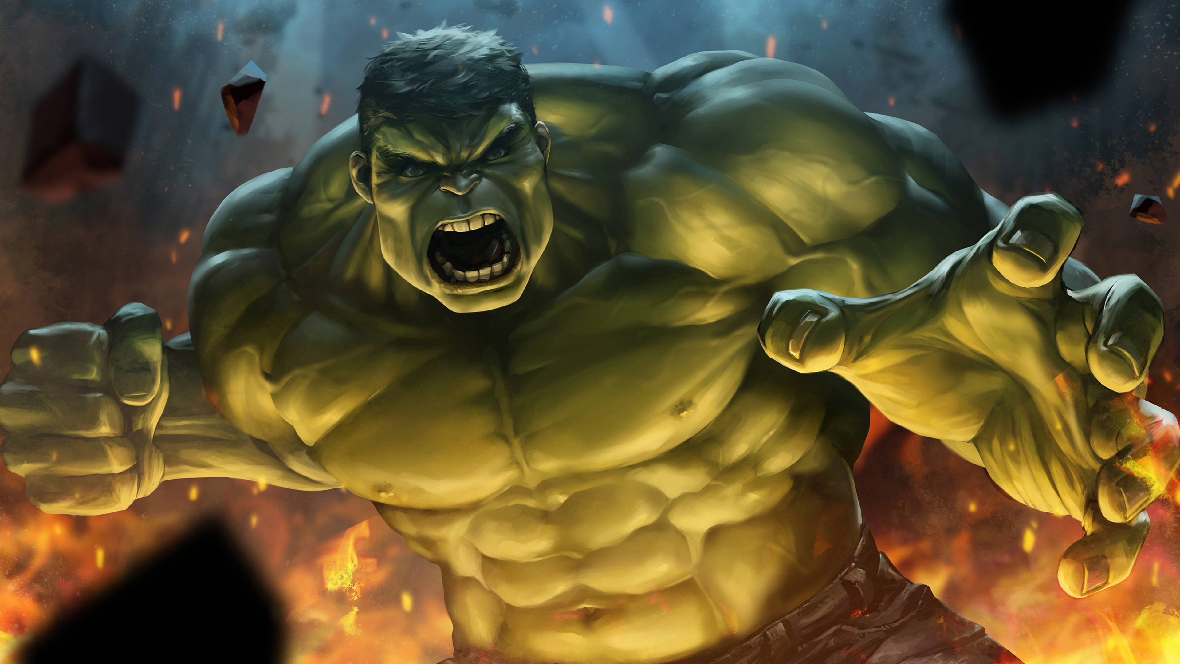 Hulk, raging anger, fiery explosions, 4K Desktop Wallpaper