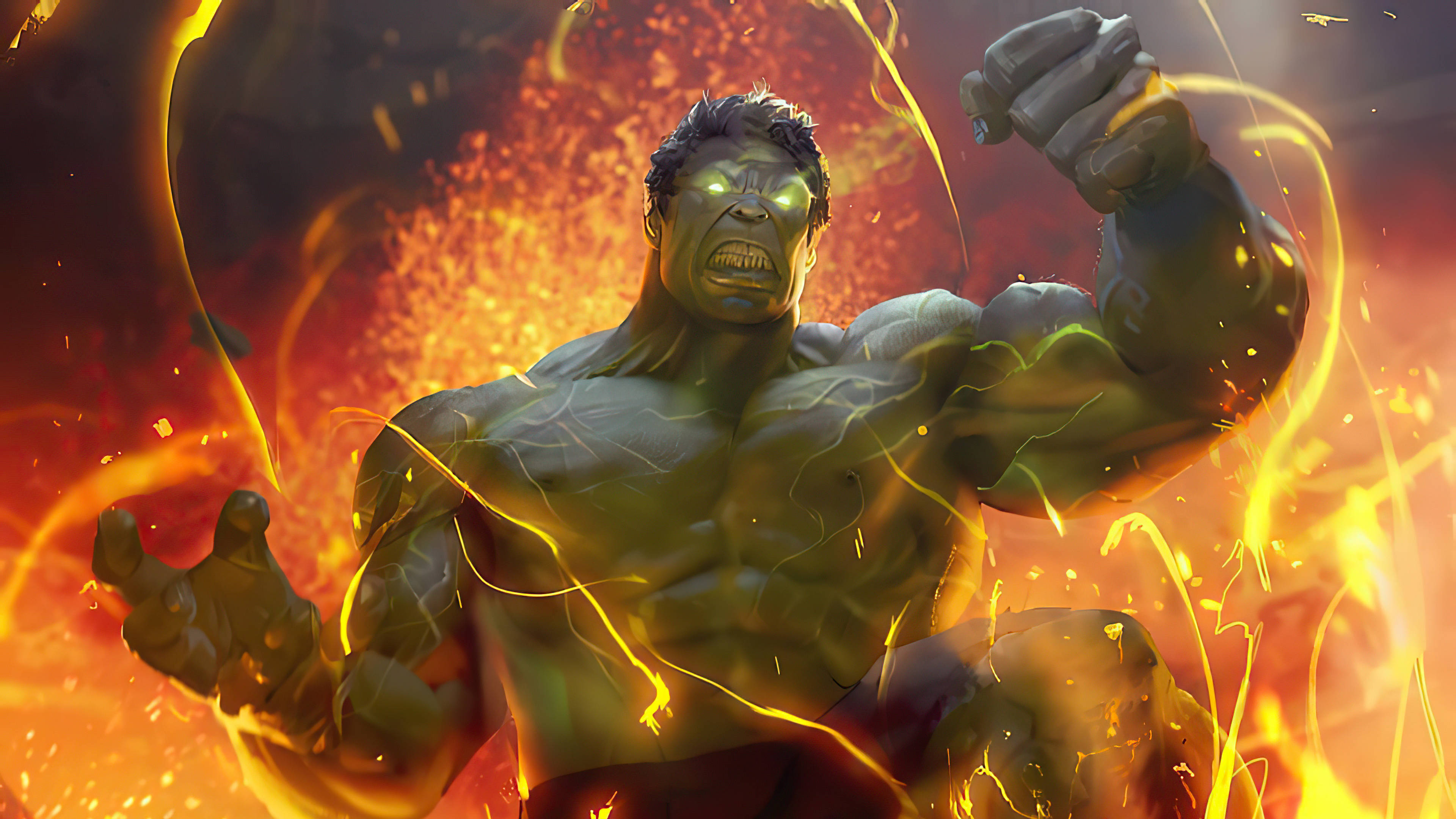 Hulk, glowing green eyes, crackling energy, 4K Desktop Wallpaper