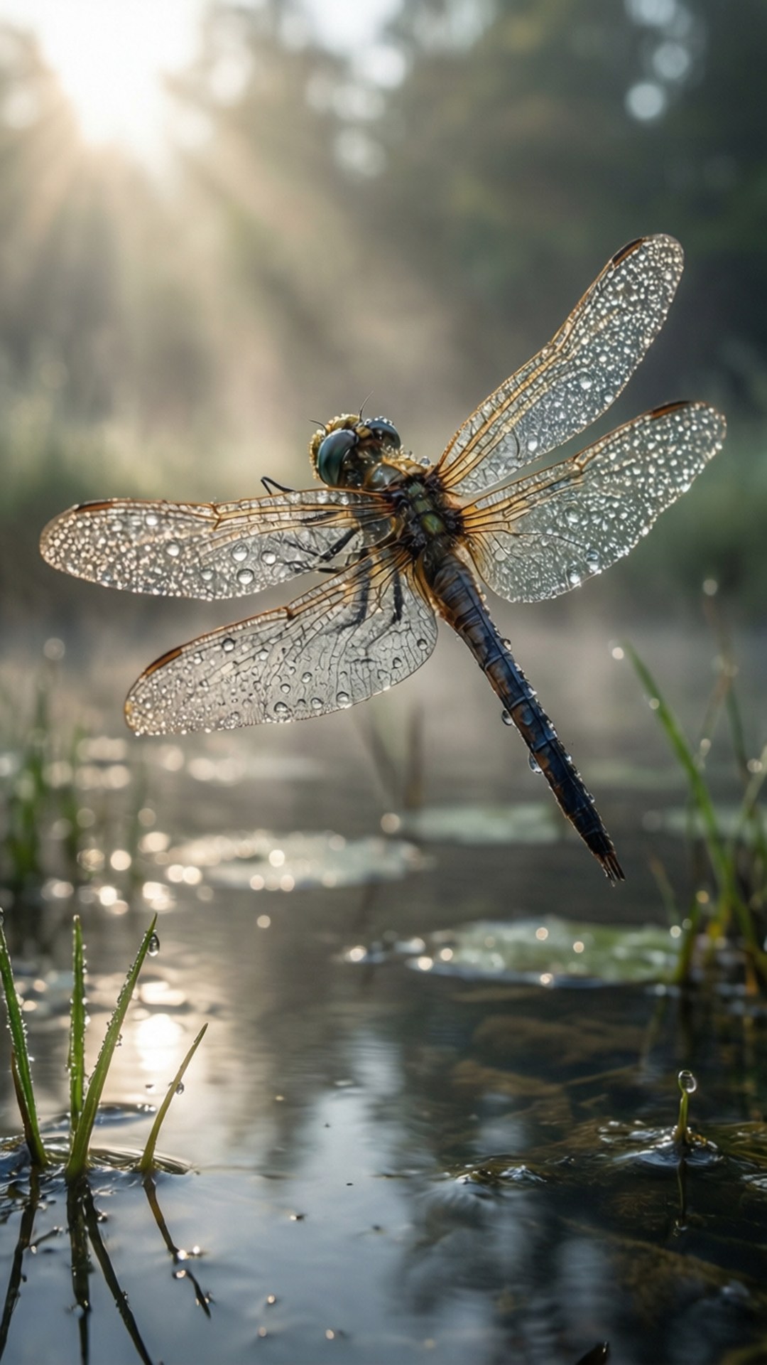 dewy dragonfly, dawn, sunlit pond, Full HD Phone Wallpaper