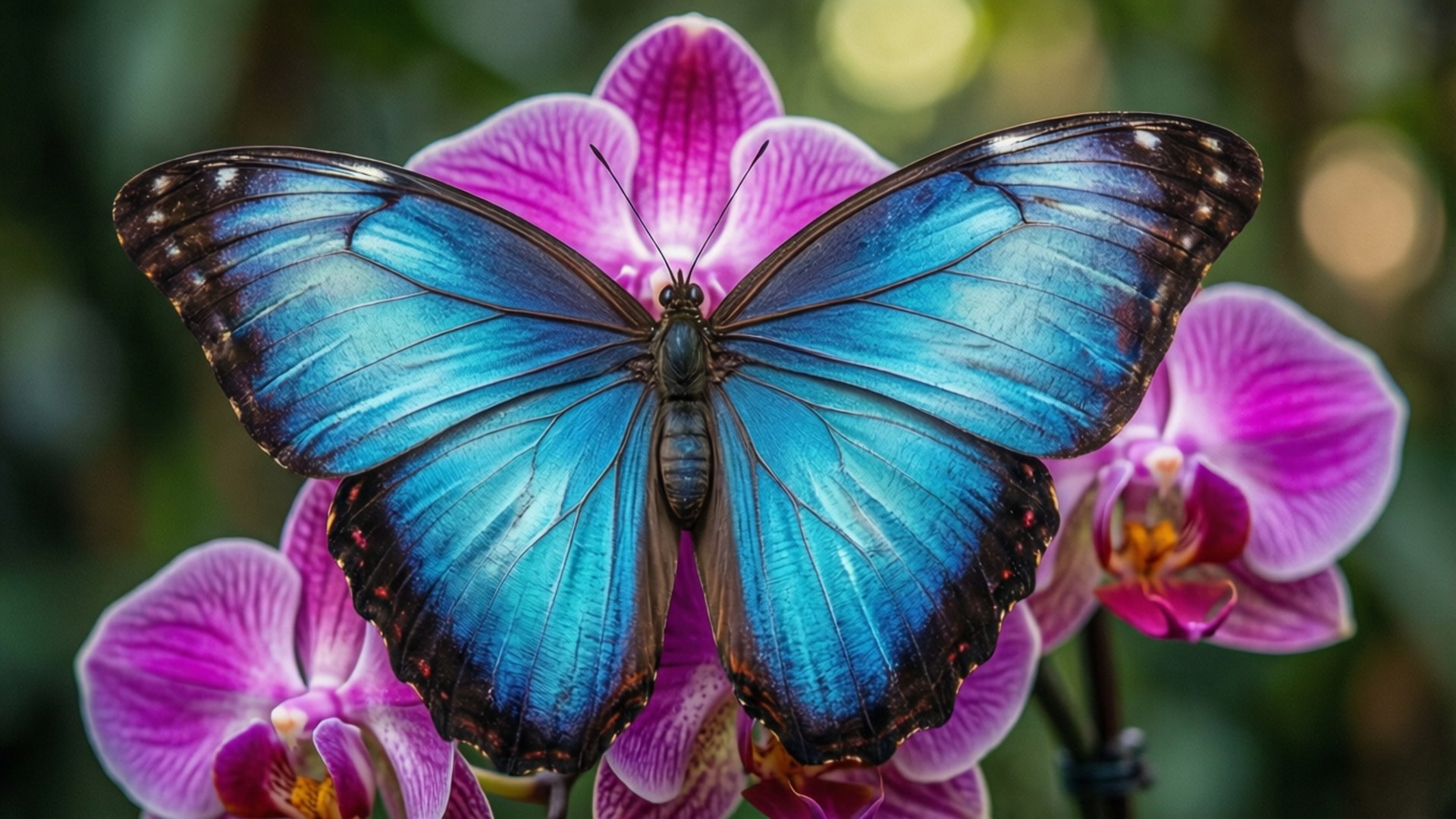 blue morpho butterfly, vivid purple orchid, soft bokeh background, Full HD Desktop Wallpaper