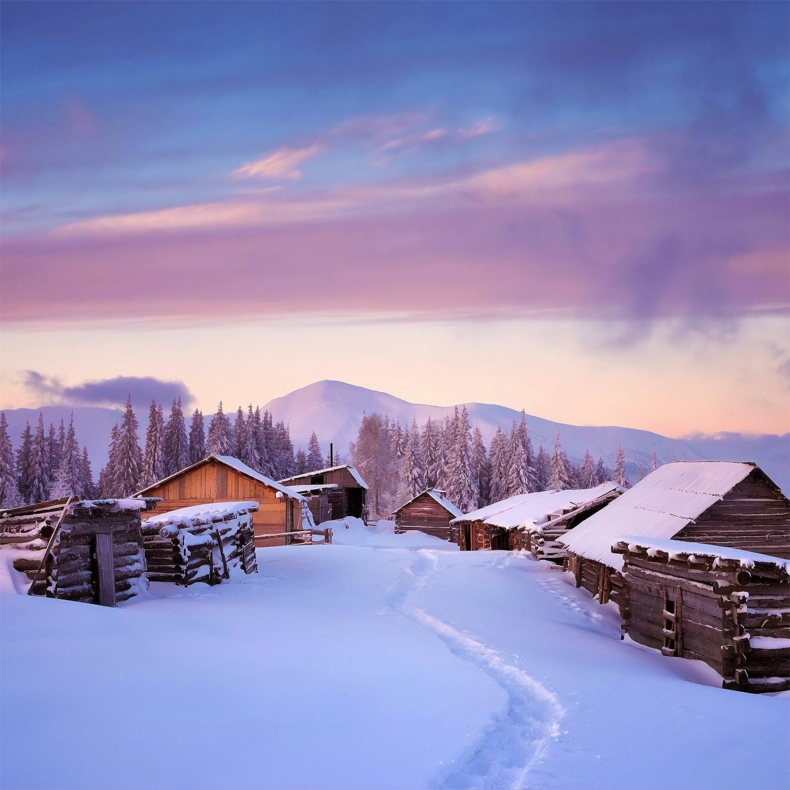 4K iPad, snow village, rustic wooden cabins, 2K Desktop Wallpaper