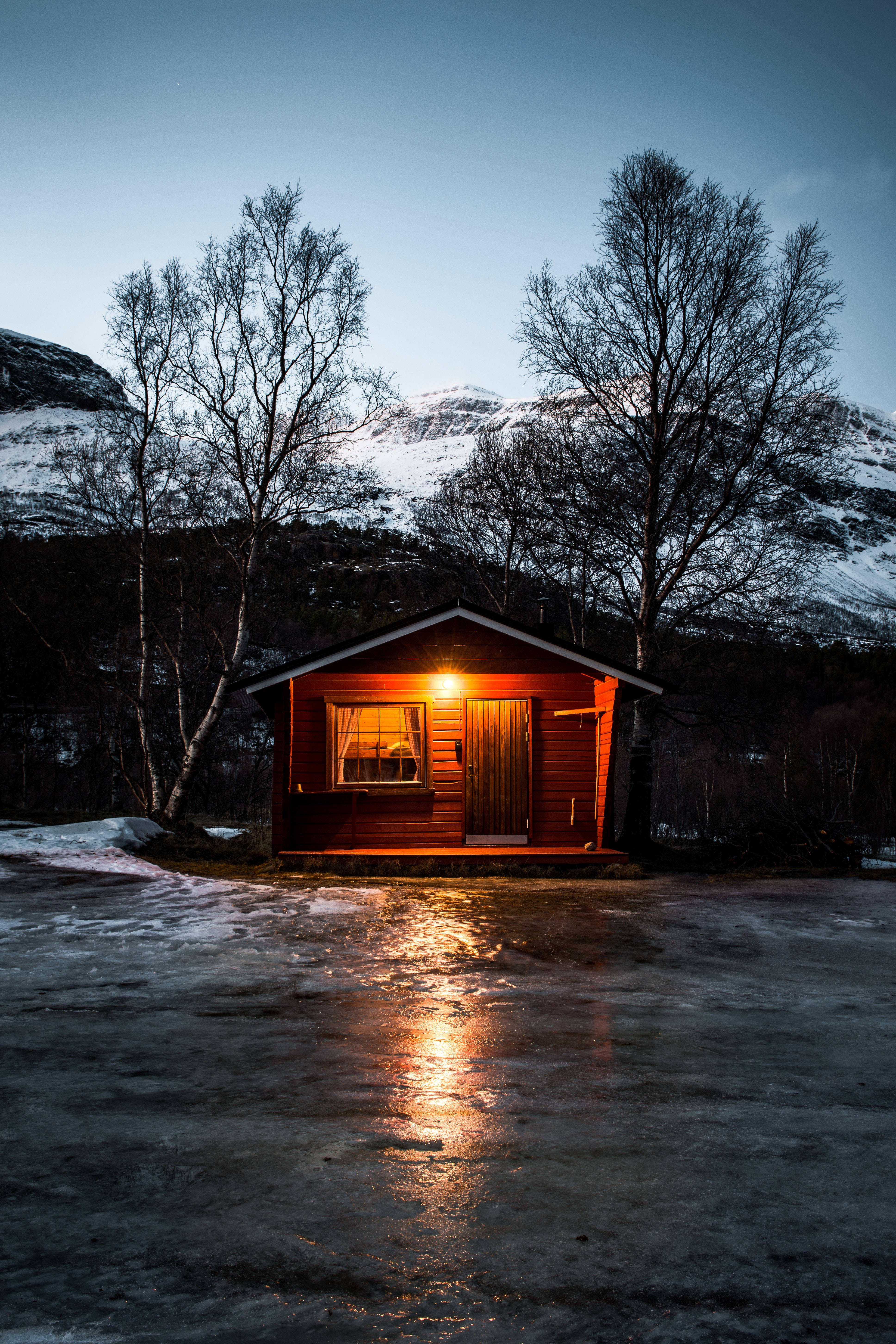 4K iPhone 6 Plus, cabin, snow-capped mountains, 5K Phone Wallpaper