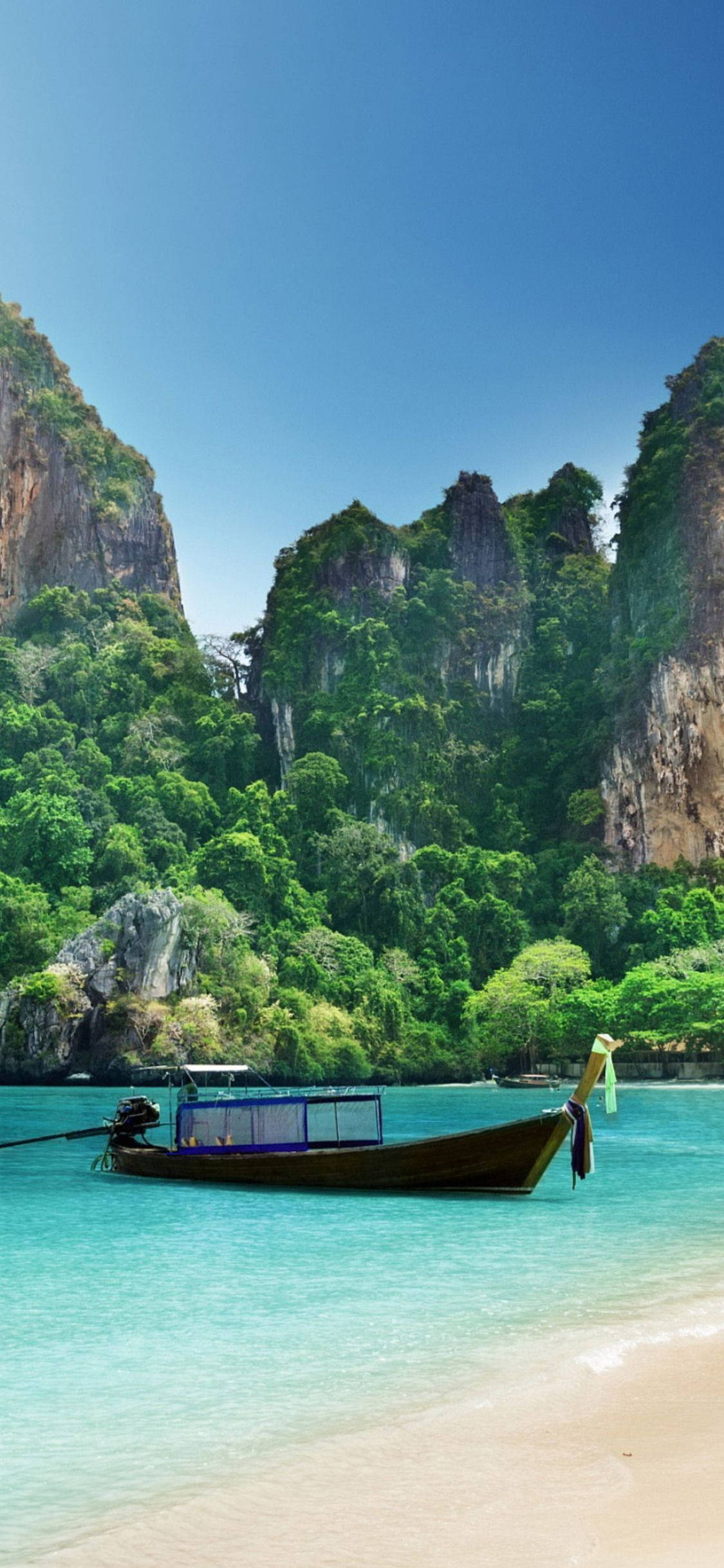 4K iPhone, wooden longtail boat, turquoise waters, Full HD Phone Wallpaper