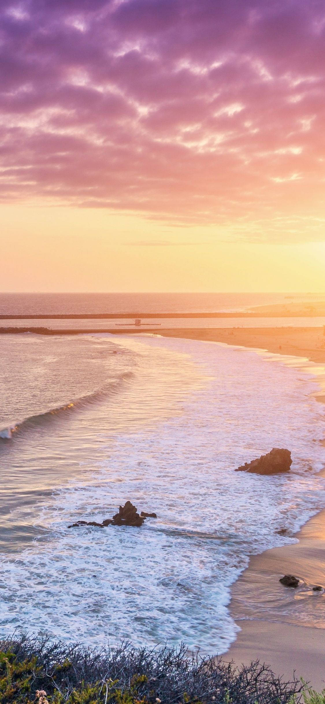 Sunset, vibrant purples and oranges, waves, Full HD Phone Wallpaper