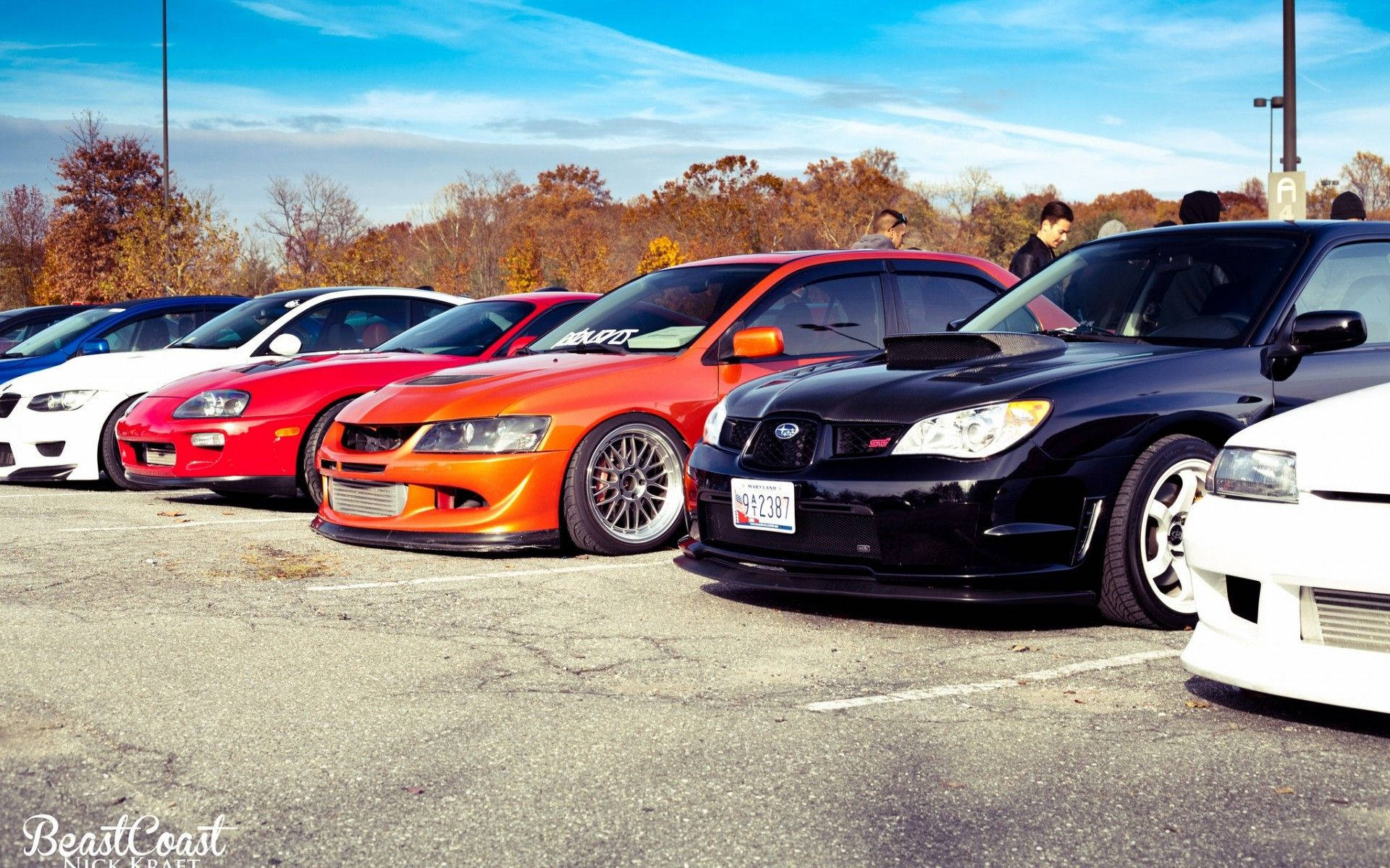 4K JDM, row of customized sports cars, asphalt lot, Full HD Desktop Wallpaper