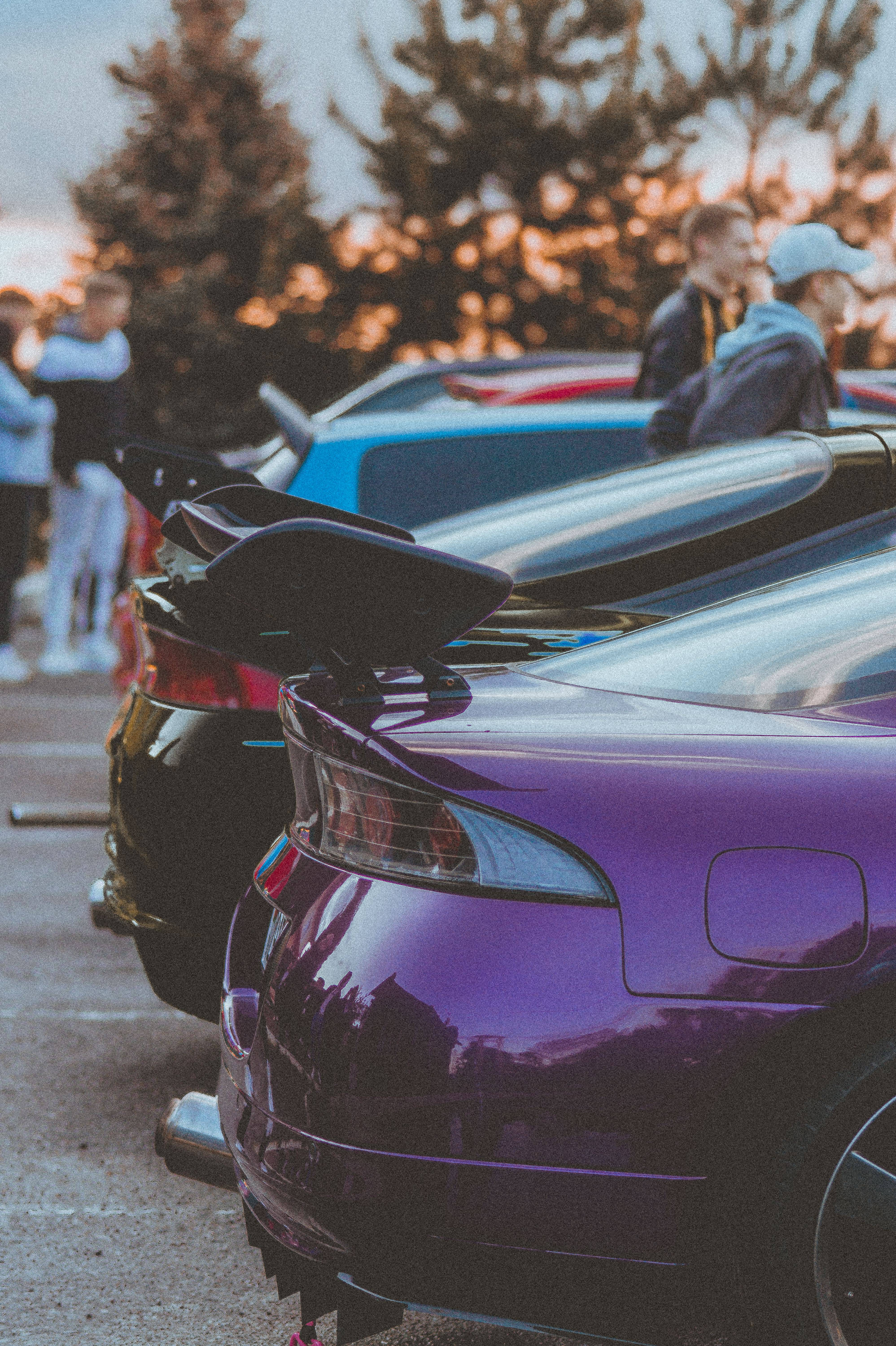glossy purple sports car, black spoiler, sunset, 2K Phone Wallpaper
