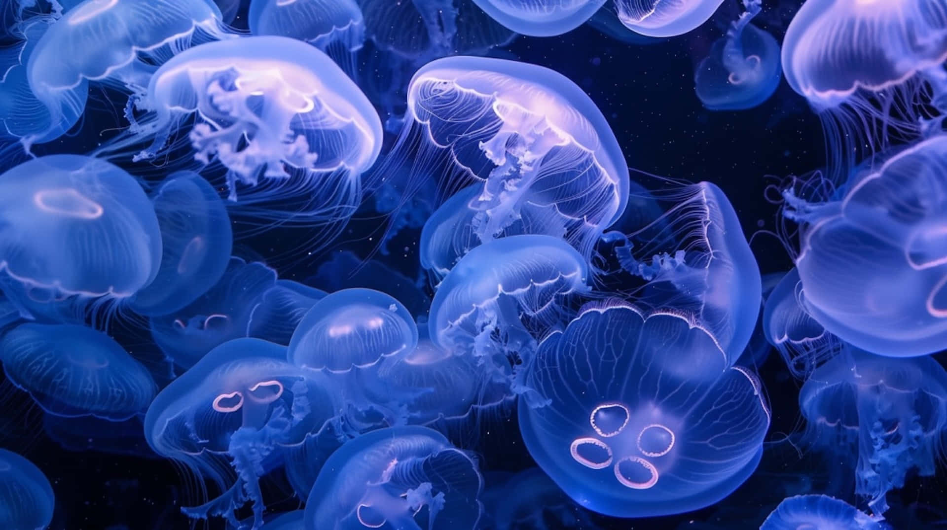 moon jellyfish, glowing blue, deep ocean darkness, Full HD Desktop Wallpaper