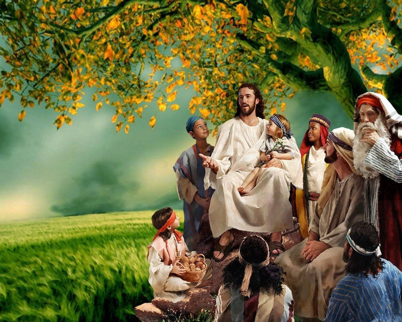 4K Jesus, golden-leaved tree, diverse group of followers, HD Desktop Wallpaper