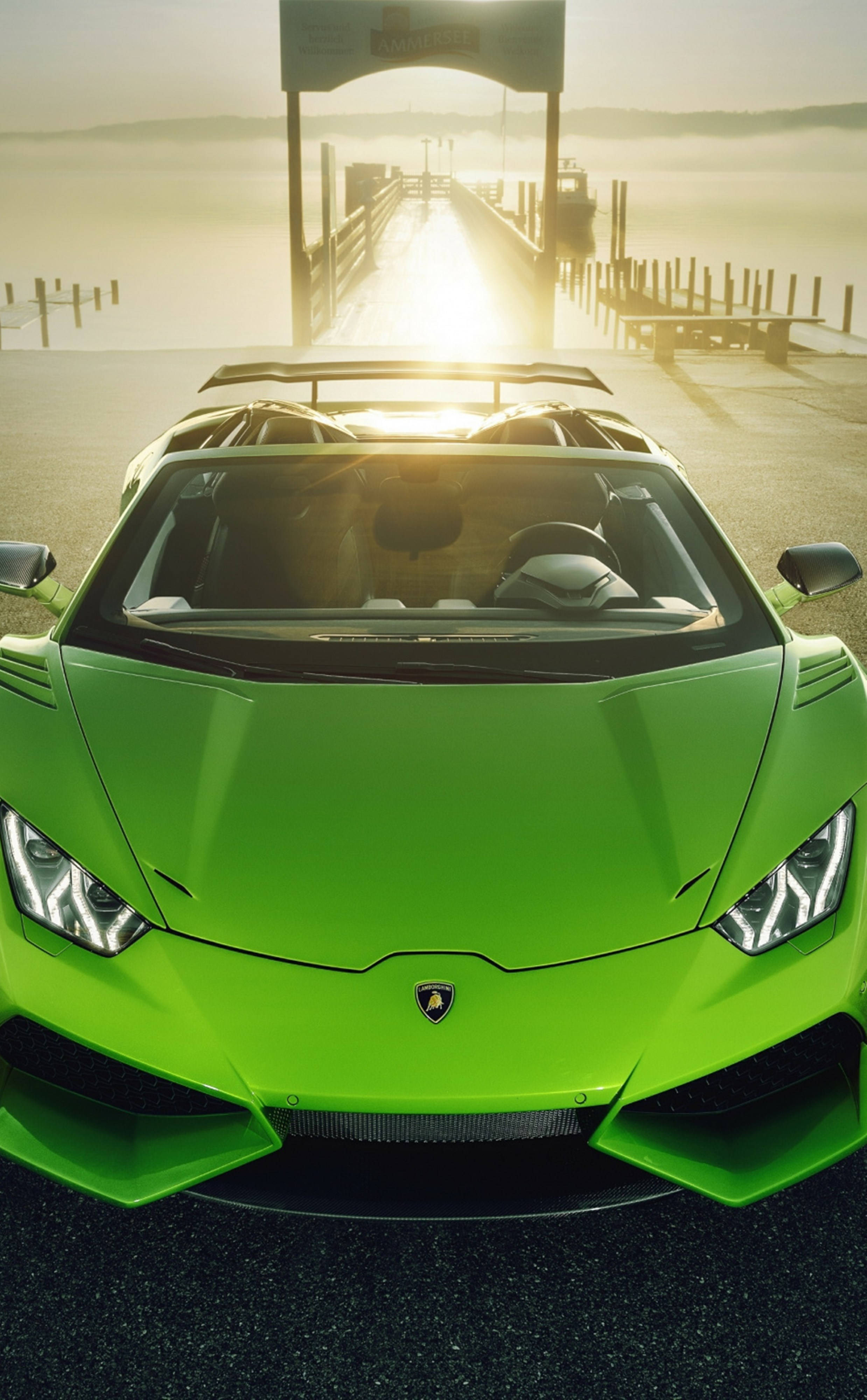 Lamborghini, vibrant green, misty dock, 4K Phone Wallpaper