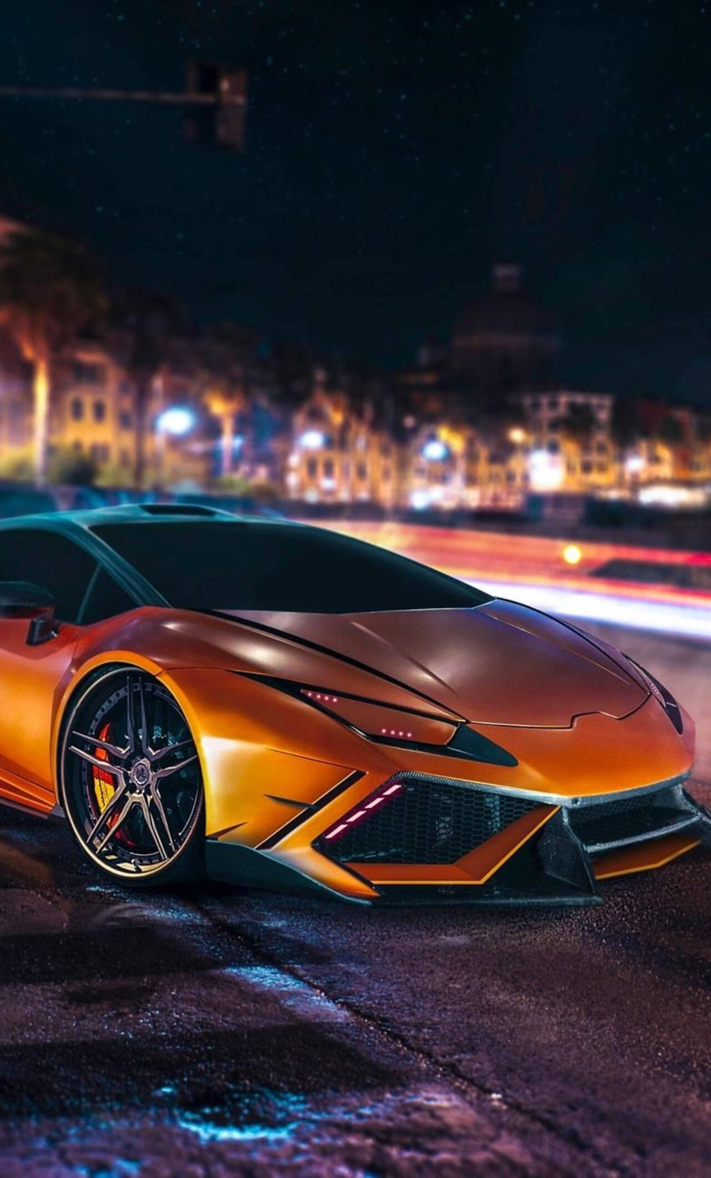 4K Lamborghini, iPhone, glowing orange sports car, 4K Phone Wallpaper