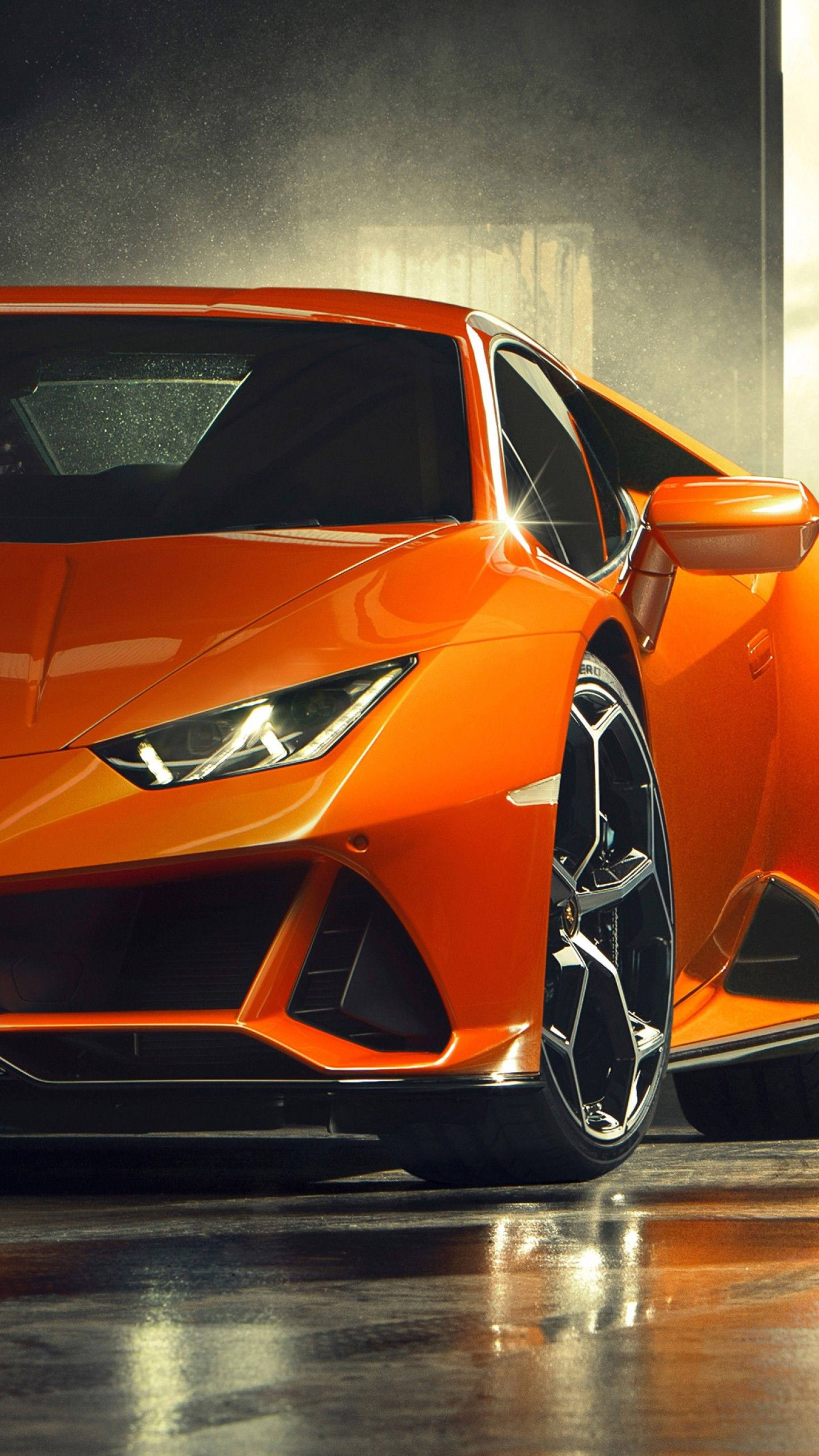 Lamborghini, orange sports car, garage, 4K Phone Wallpaper