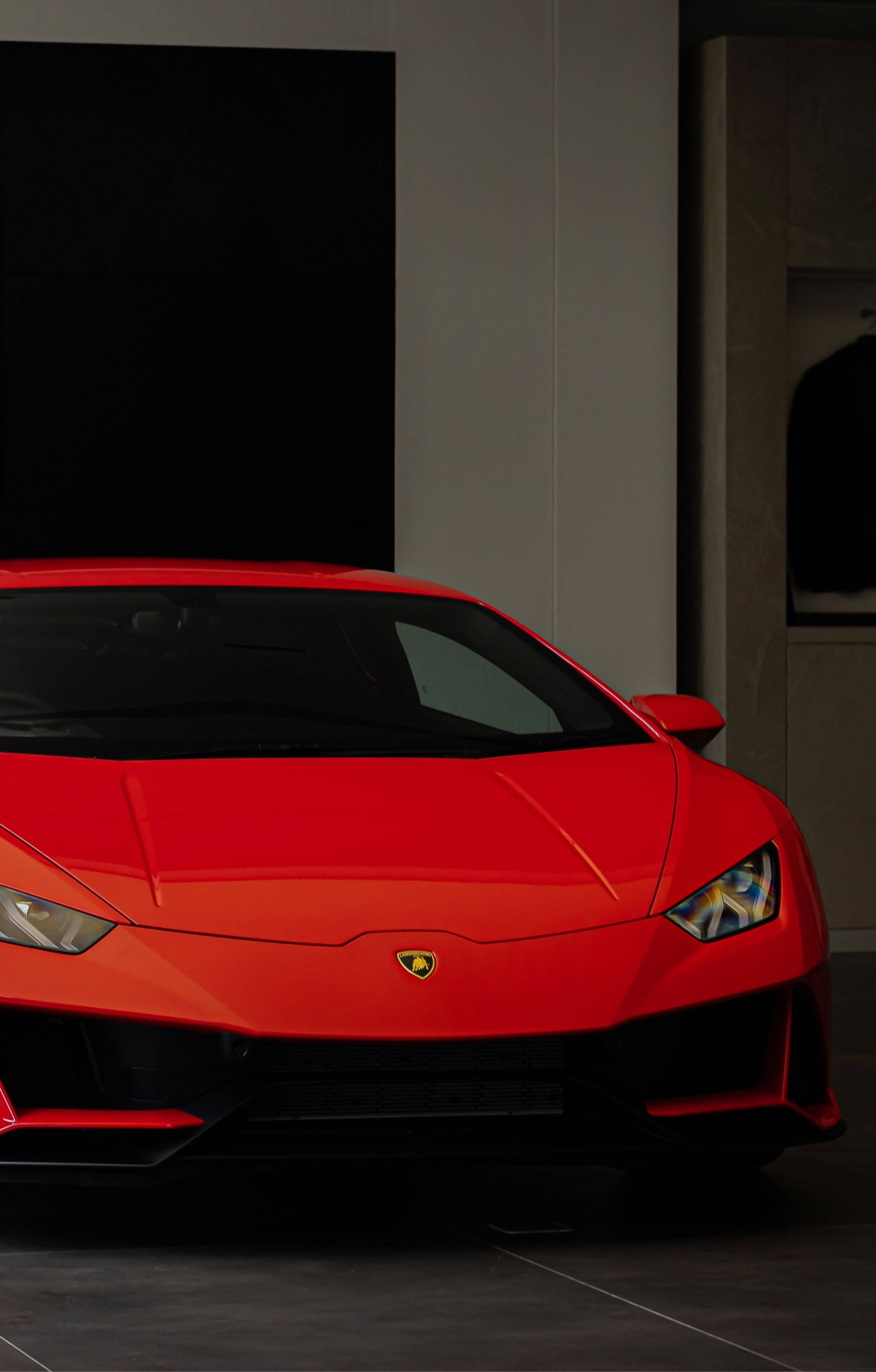 Lamborghini, vibrant red, minimalist modern garage, 4K Phone Wallpaper
