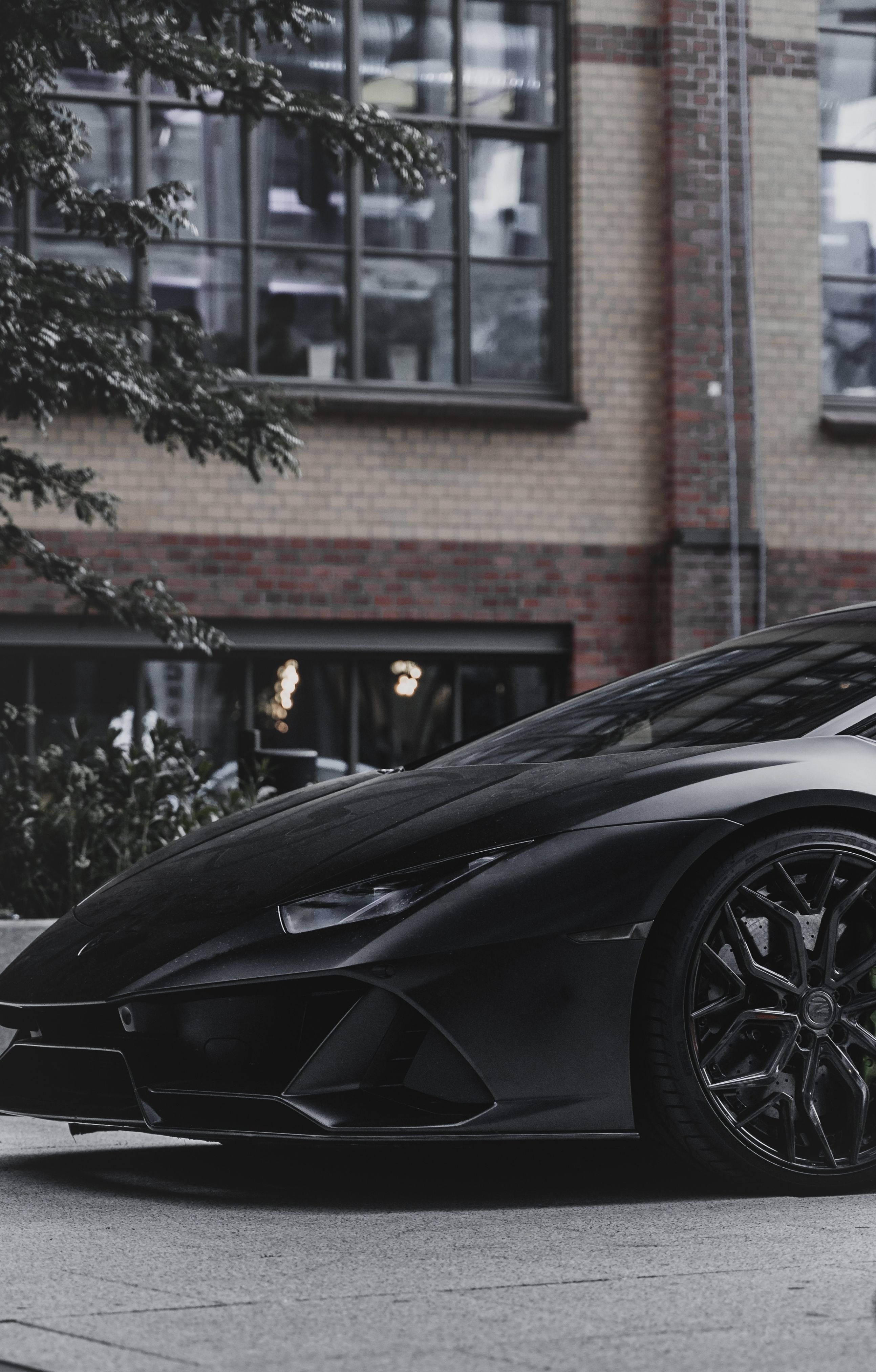 Lamborghini, matte black, pavement, 4K Phone Wallpaper