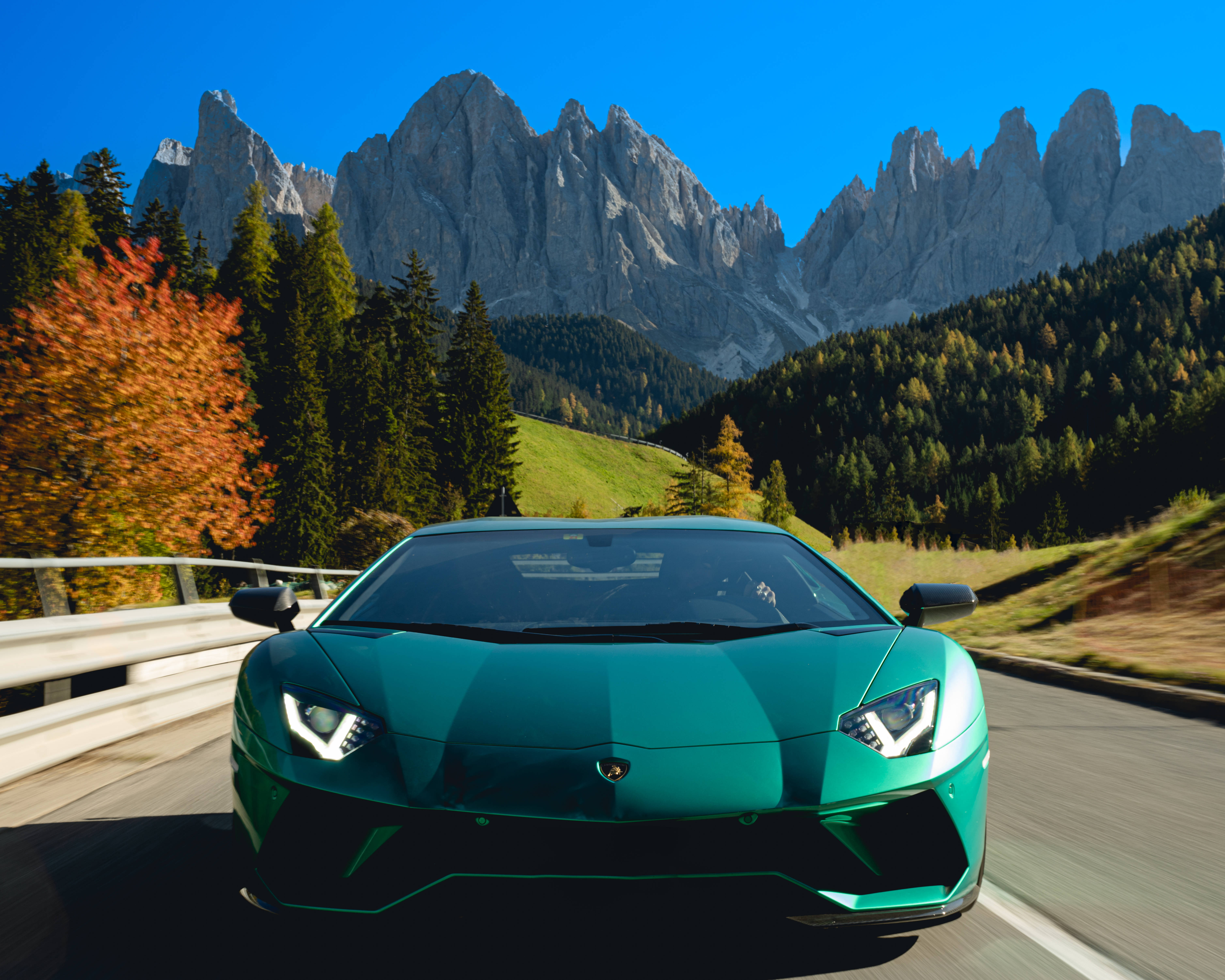 Lamborghini, bluish green color, winding mountain road, 5K Desktop Wallpaper