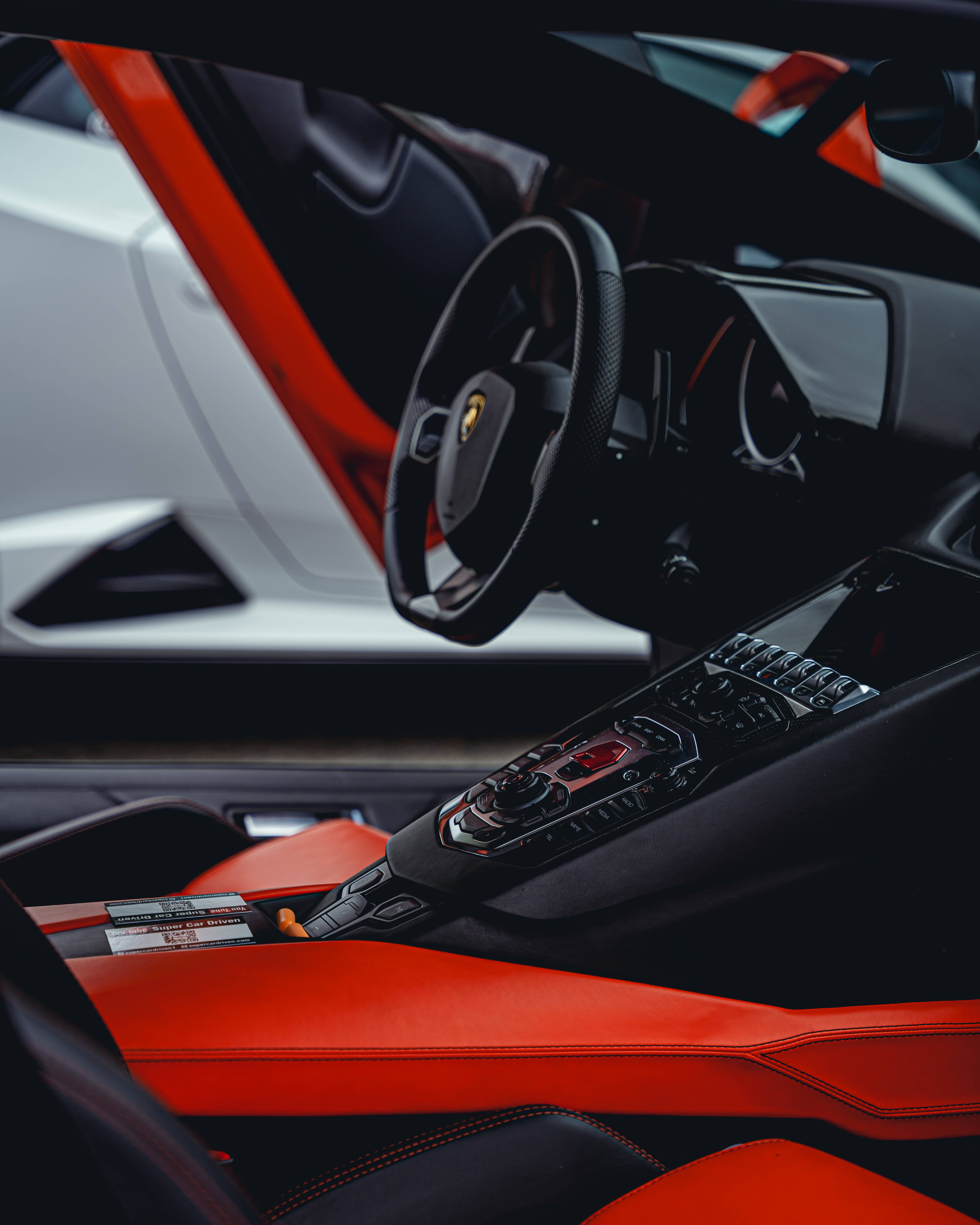 Lamborghini, black steering wheel, red leather seats, 4K Phone Wallpaper