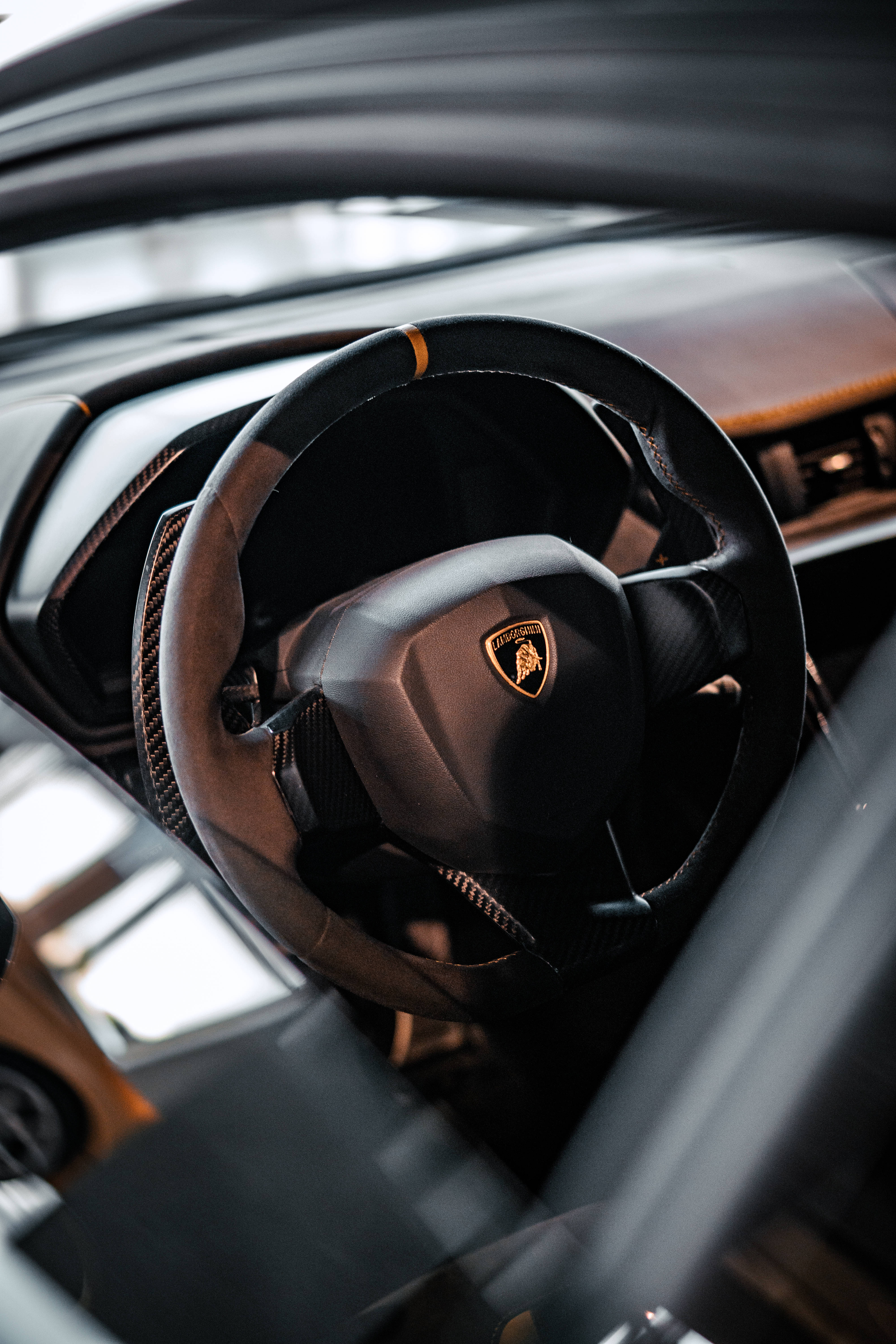 Lamborghini, steering wheel, carbon fiber trim, 5K Phone Wallpaper