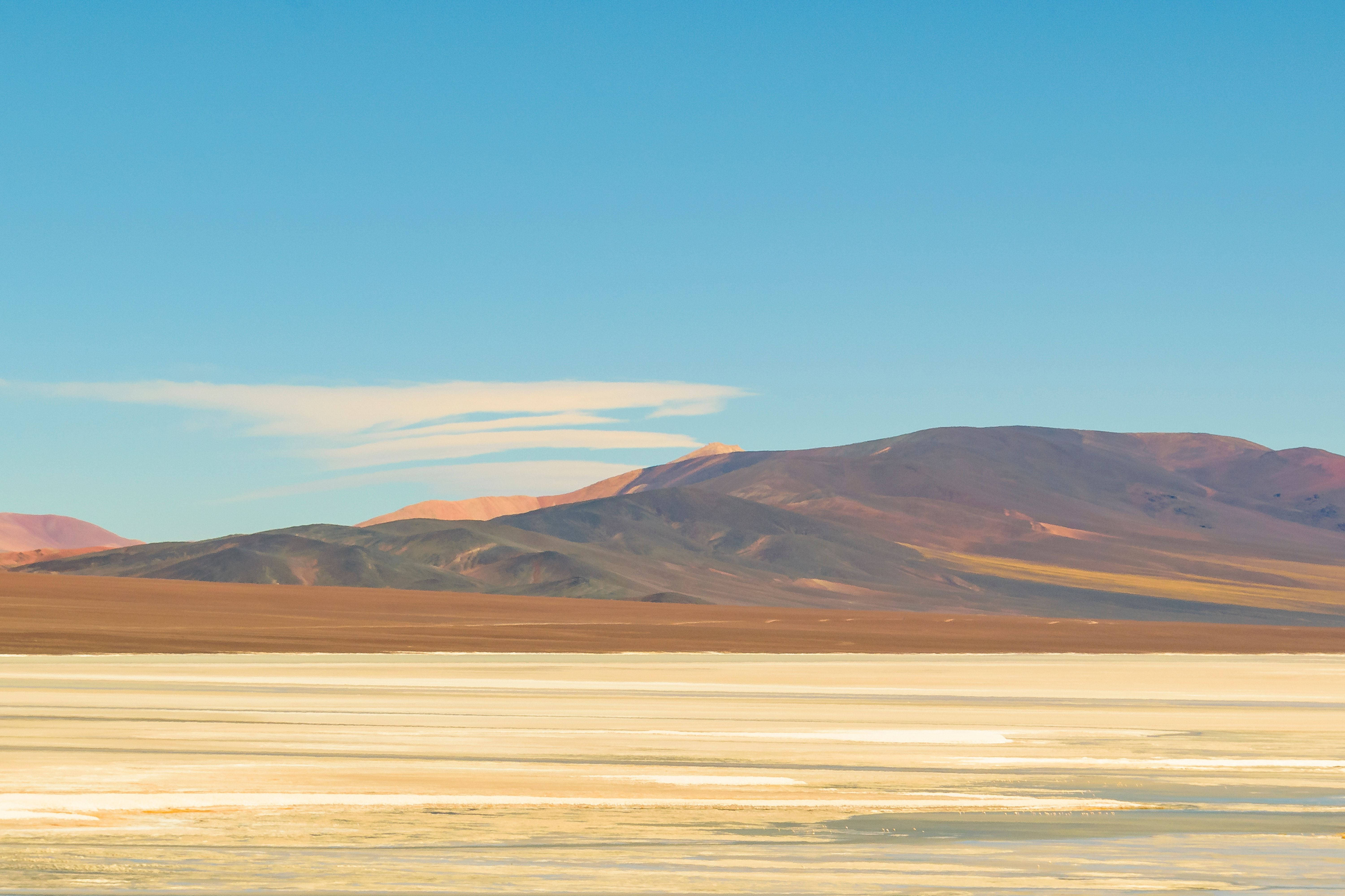salt flats, distant mountains, clear blue sky, 5K Desktop Wallpaper