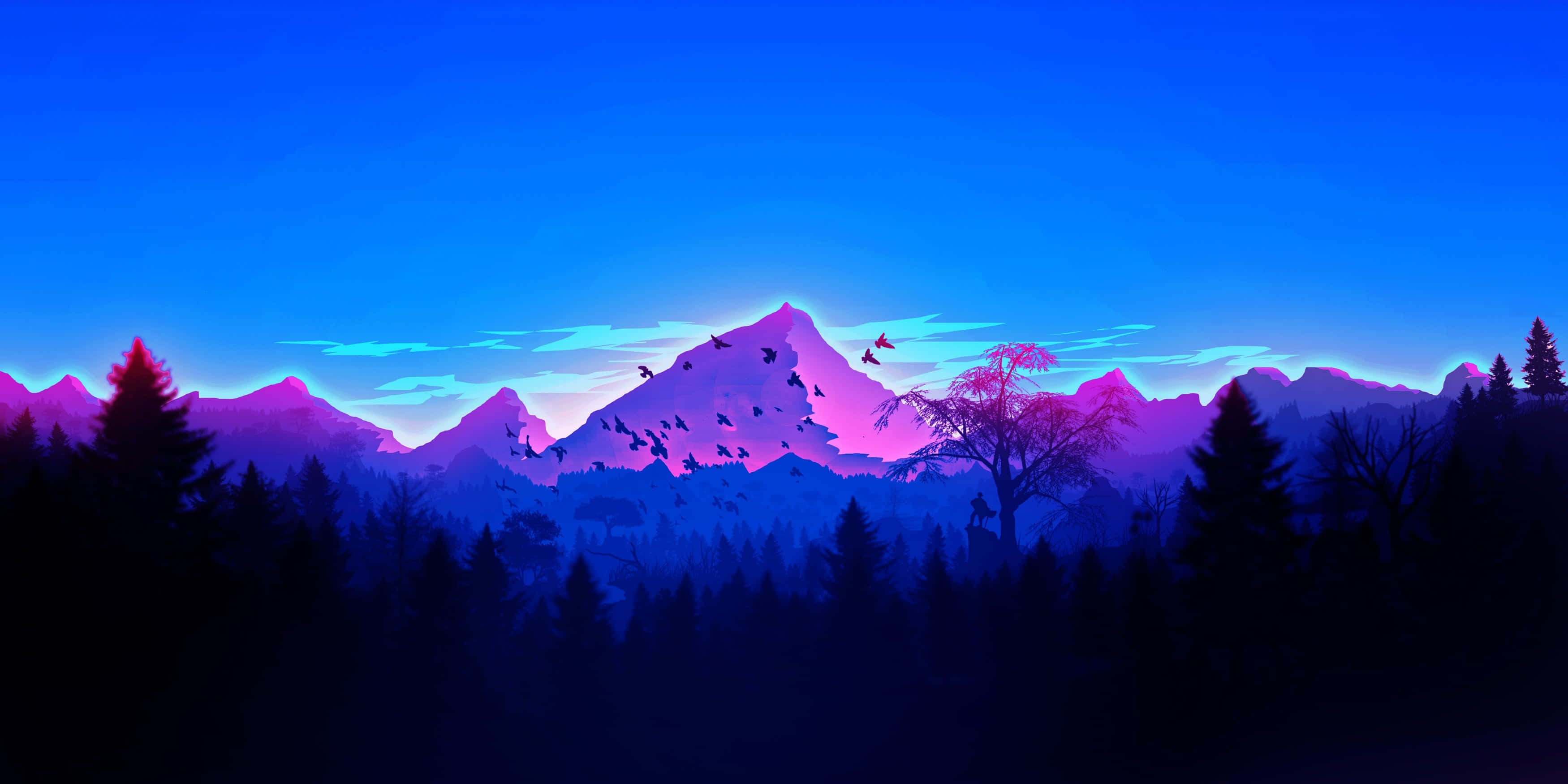 Blue Mountain, flock of birds, vibrant purple and blue twilight sky, 2K Desktop Wallpaper
