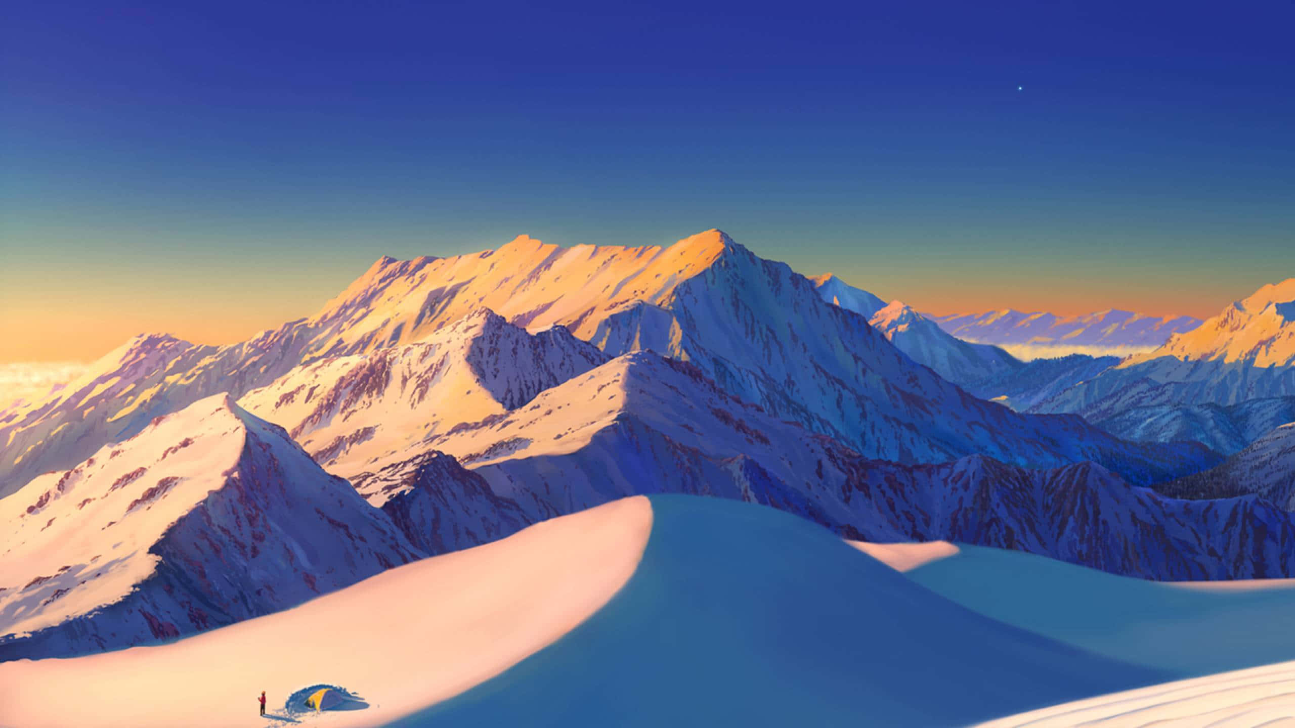 Blue Mountain, sunset, snowy mountain ridge, 2K Desktop Wallpaper