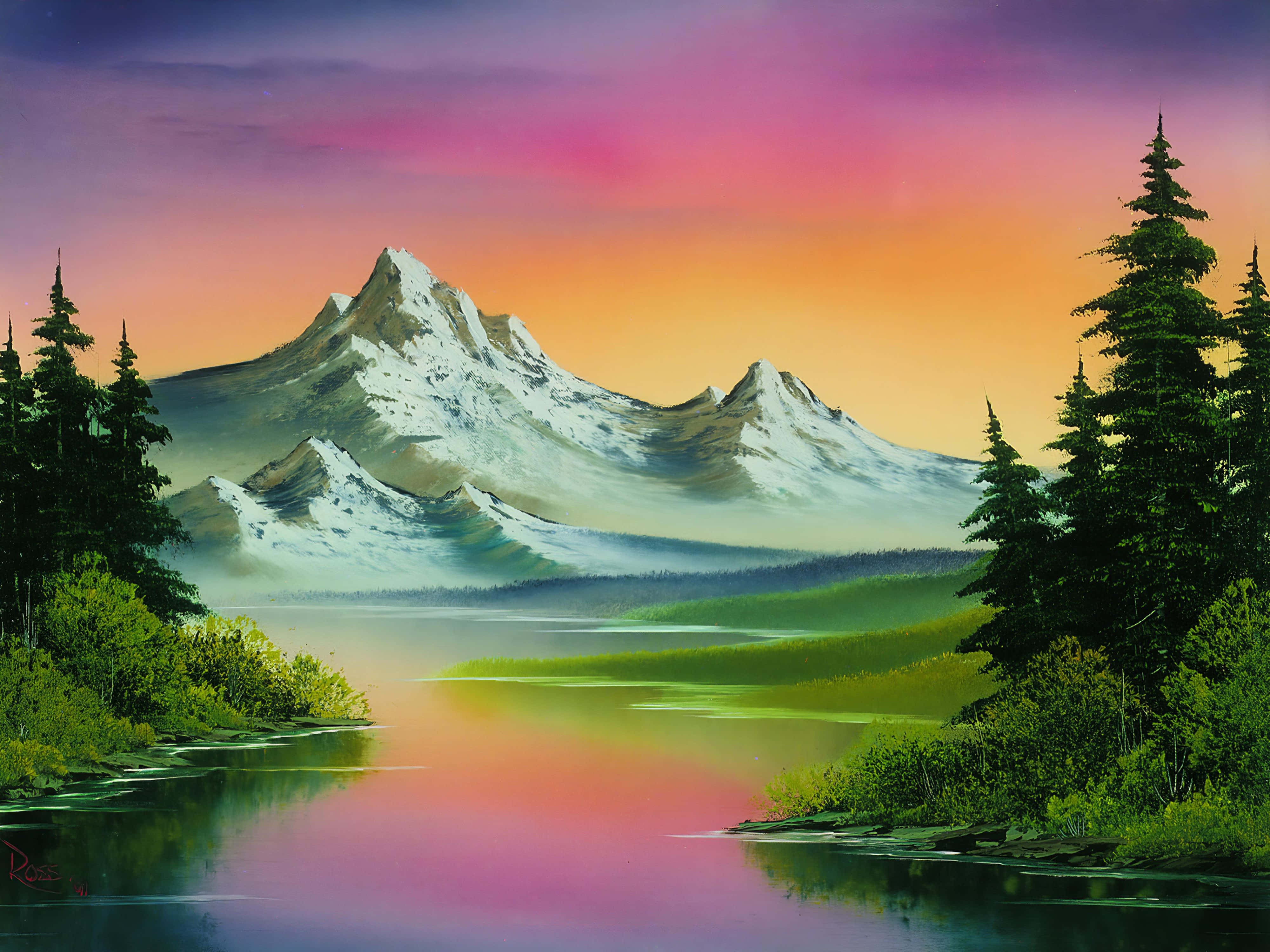 gray mountain, 4K painting, vibrant pink orange sunset sky, 4K Desktop Wallpaper