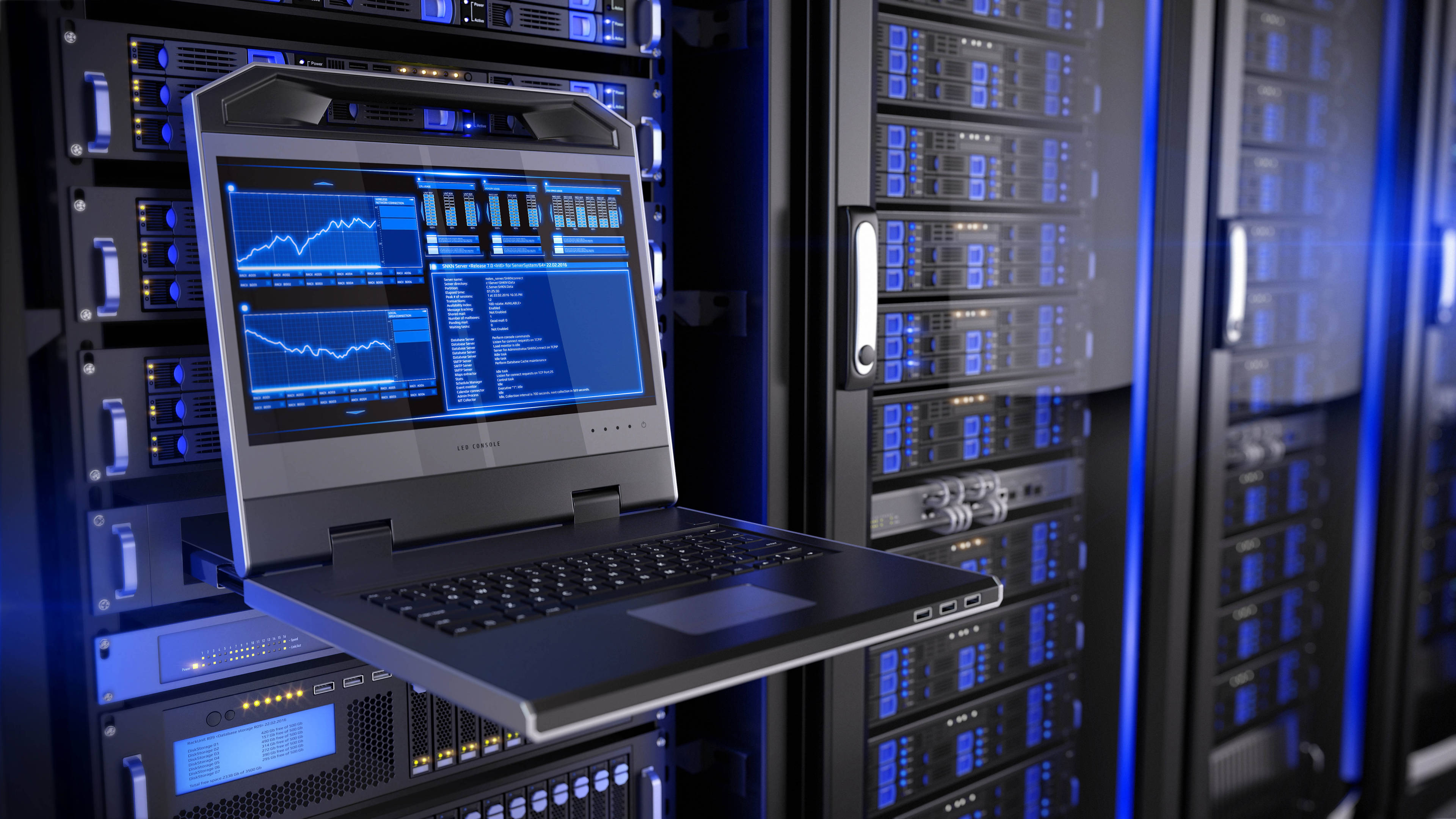 4K Laptop, data center, glowing blue data graphs, 4K Desktop Wallpaper