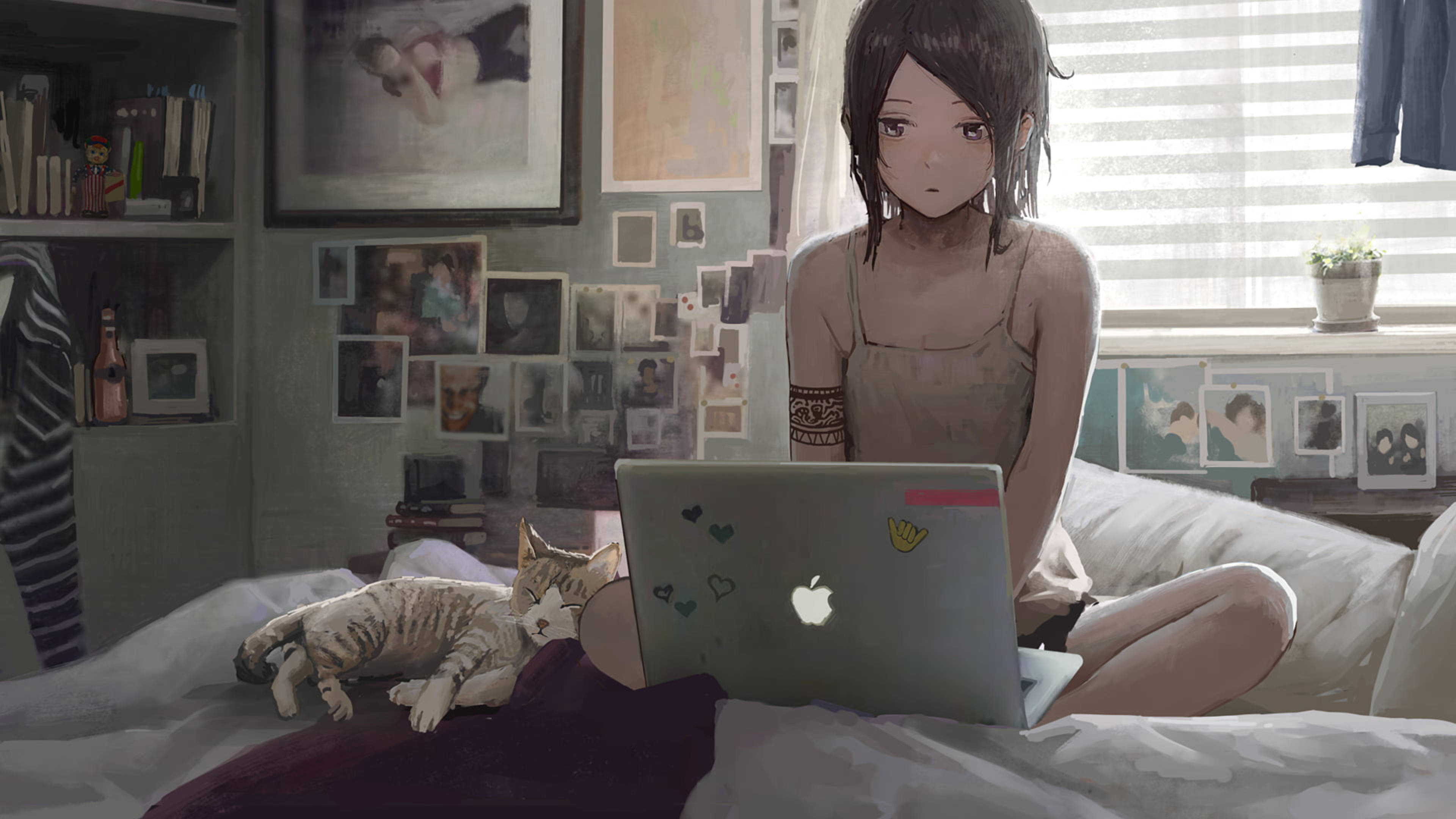 anime girl, cat, laptop, 4K Desktop Wallpaper