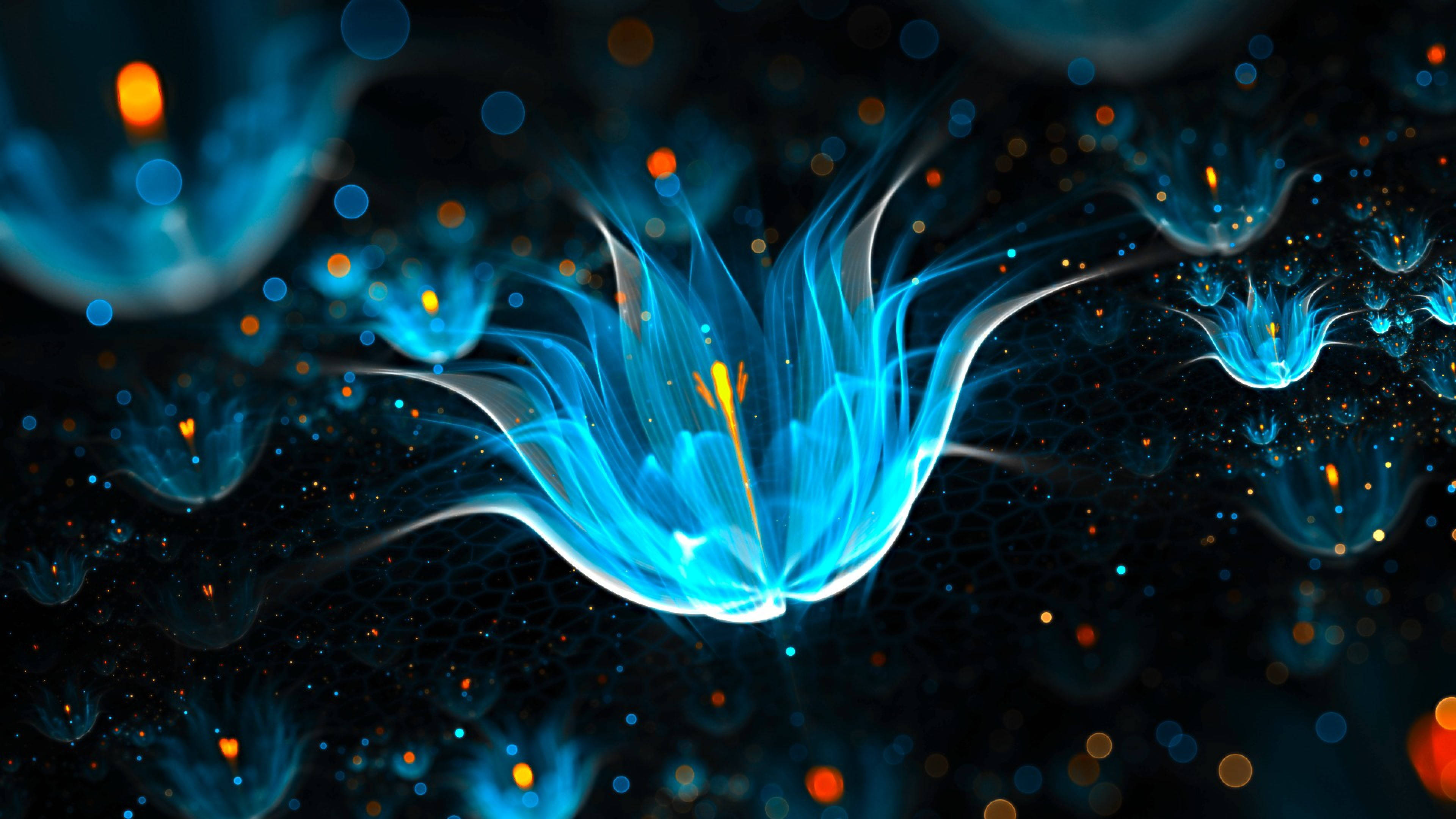 4K Laptop, luminous blue flower, fractal flower, 4K Desktop Wallpaper