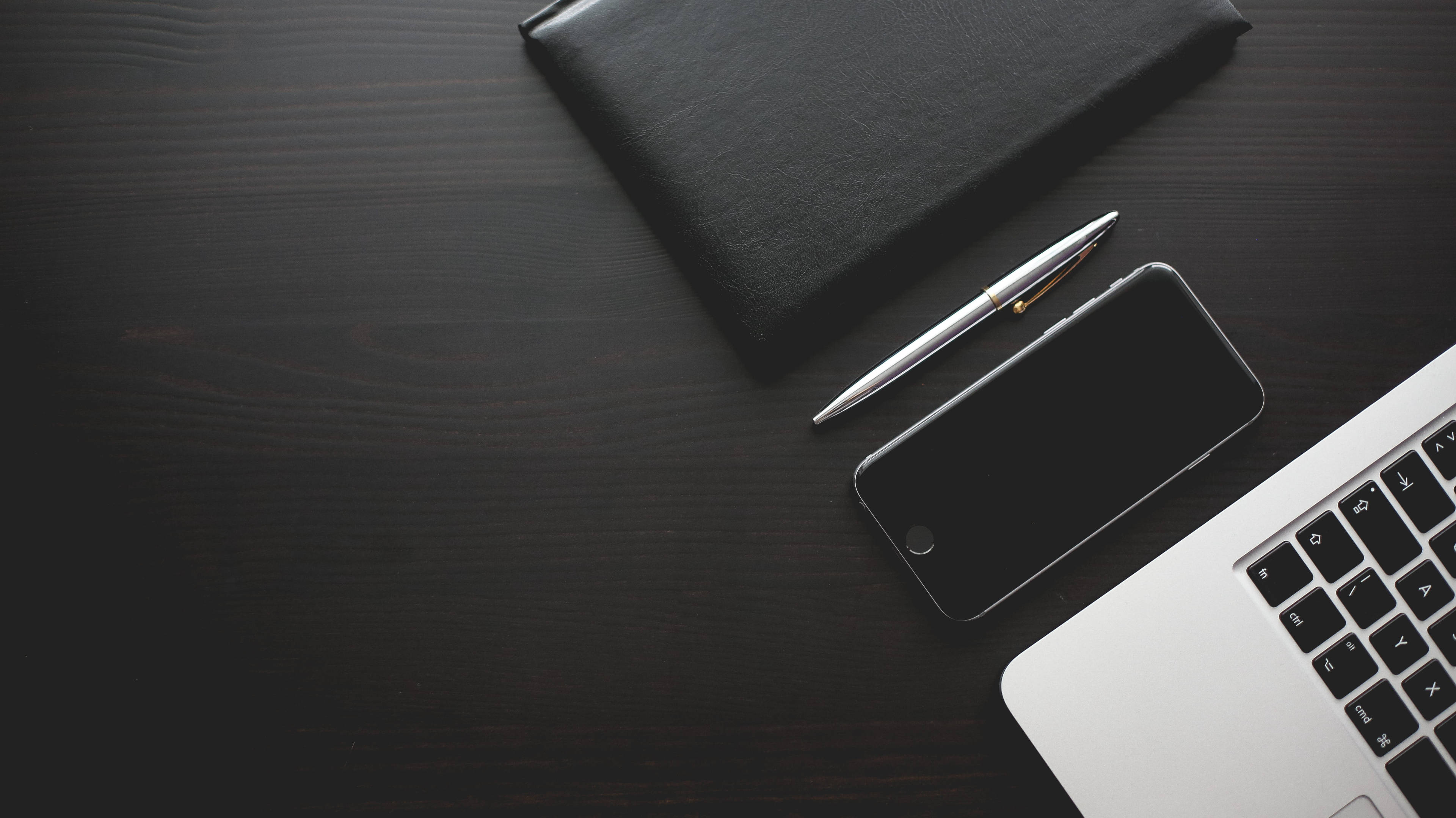 4K Laptop, black desk, dark wooden desk, 4K Desktop Wallpaper