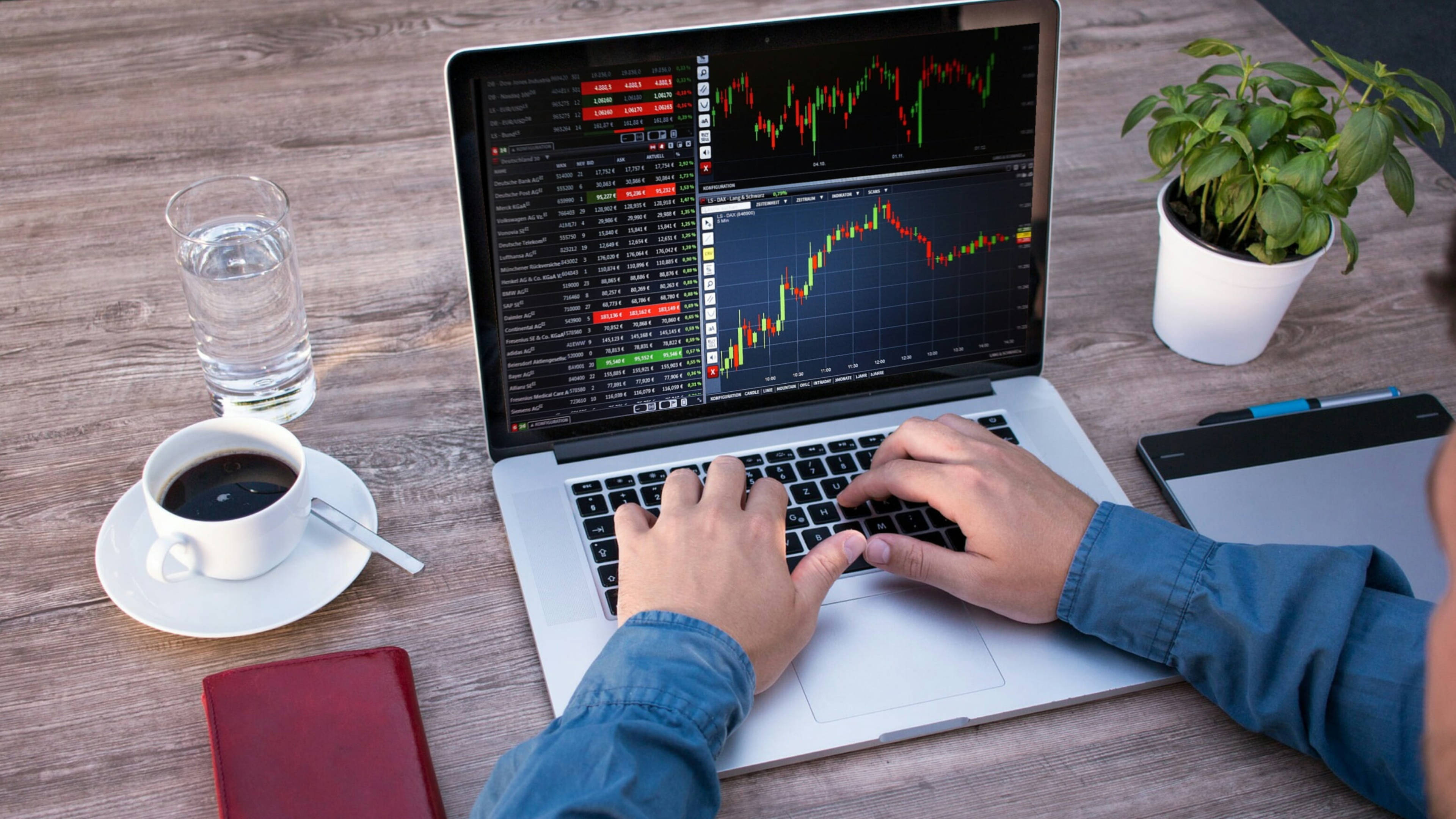 4K Laptop, stock market charts, coffee, 4K Desktop Wallpaper