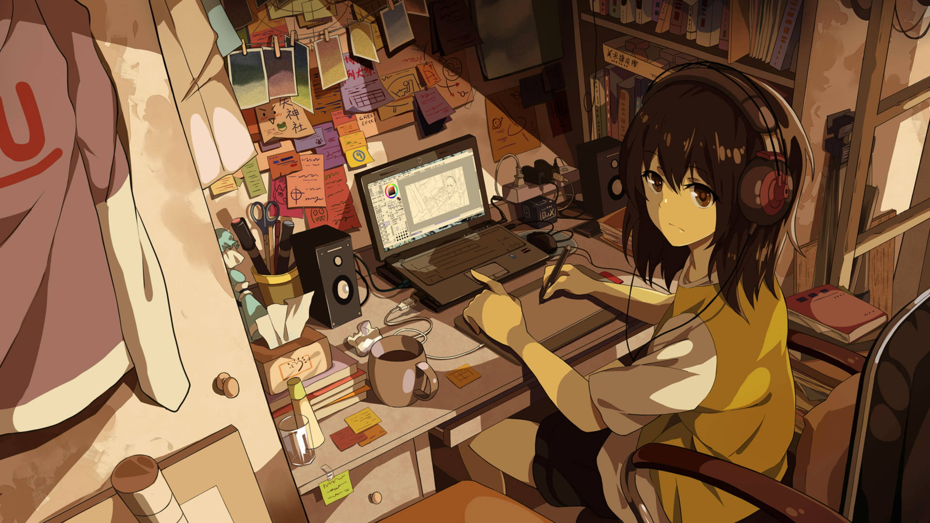 anime girl, headphones, cluttered desk, 4K Desktop Wallpaper