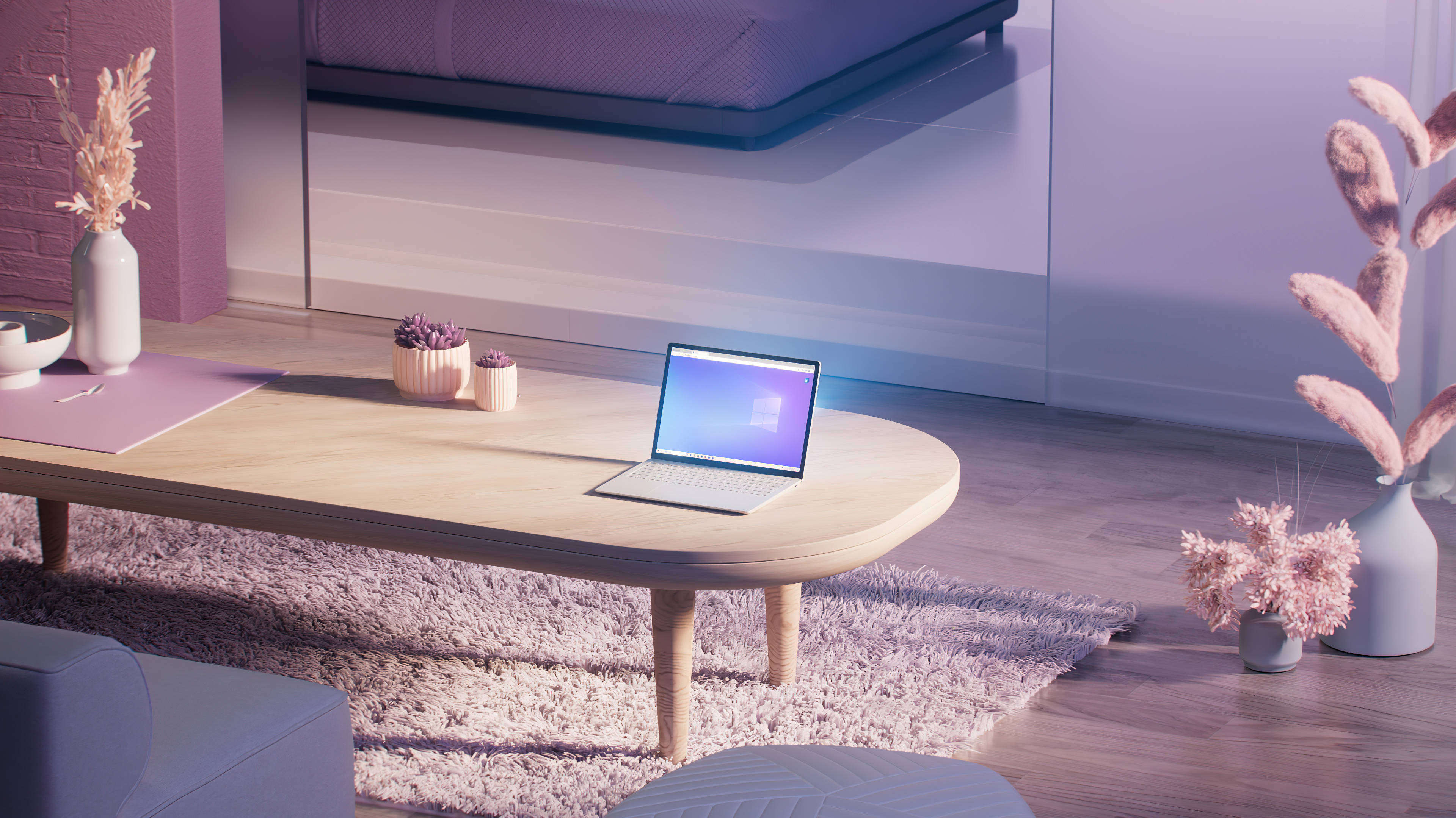 4K Laptop, wooden table, modern living room, 4K Desktop Wallpaper