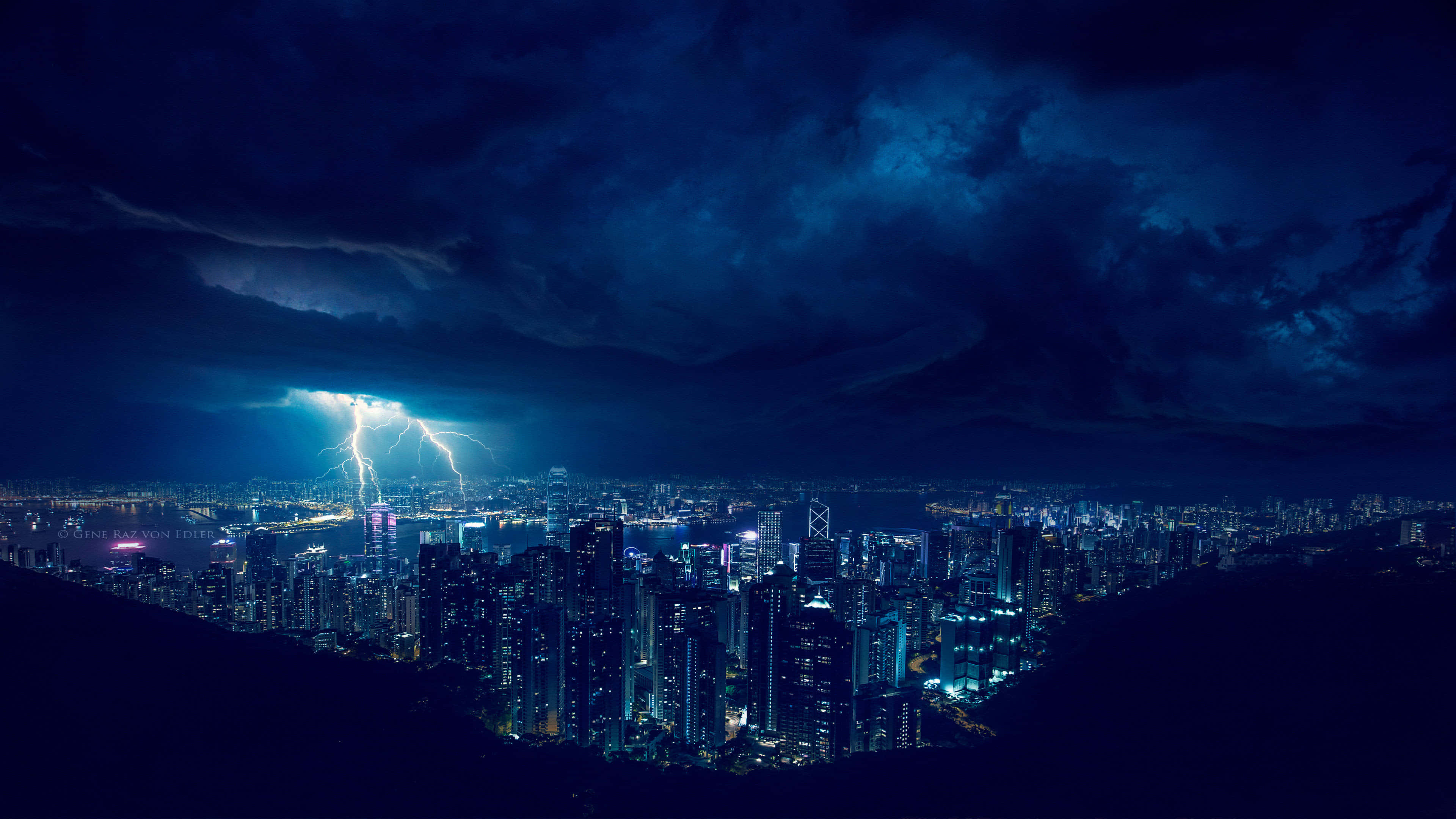 4K Lightning, night cityscape, vivid lightning, 4K Desktop Wallpaper