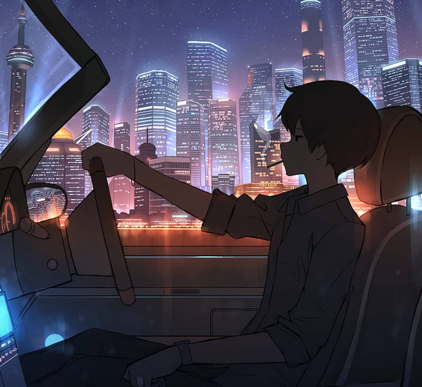 anime teen, convertible, neon-lit cityscape, HD Desktop Wallpaper