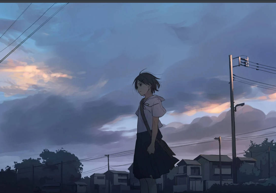 anime girl, school uniform, twilight sky, SD Desktop Wallpaper
