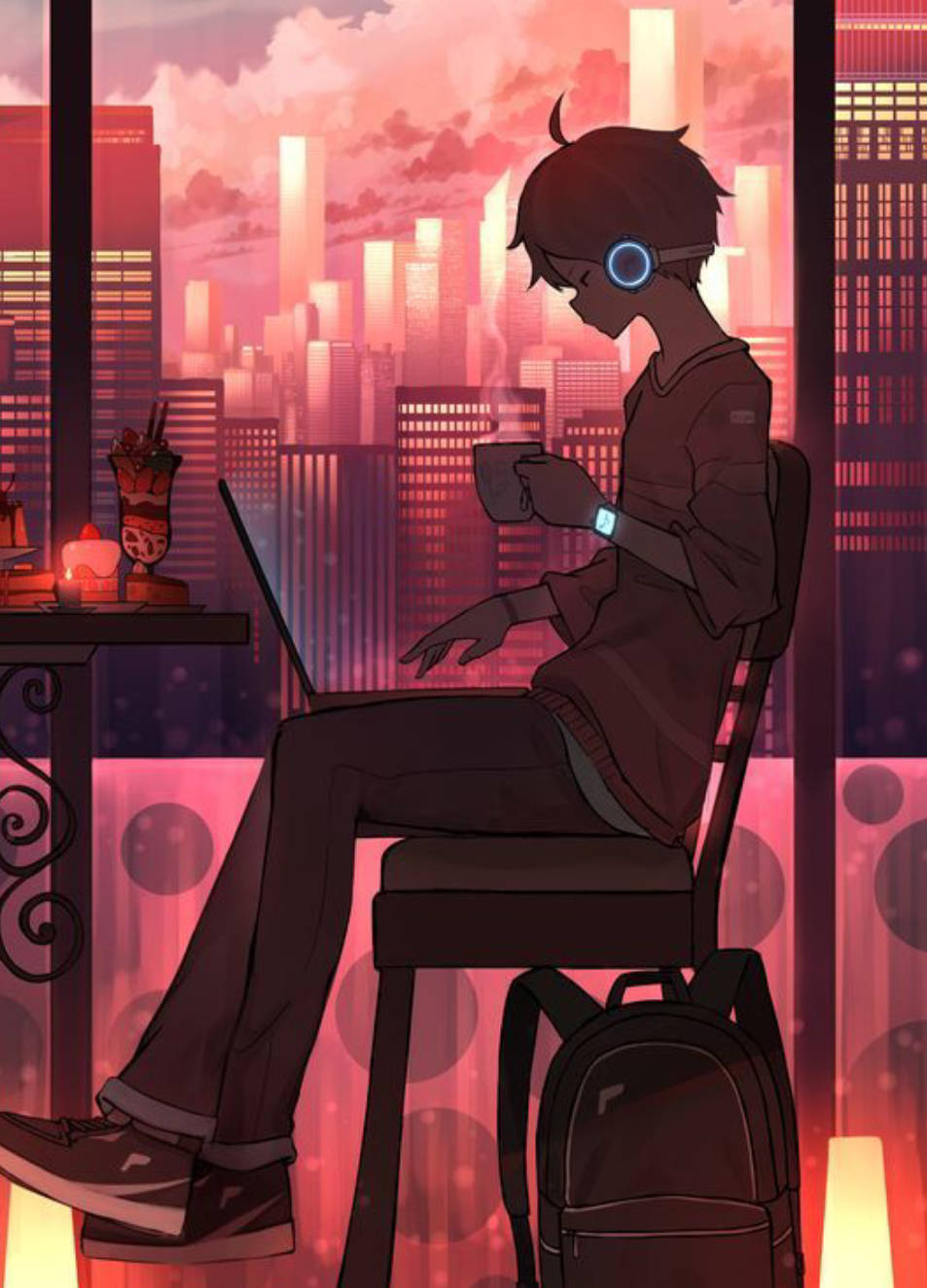 Cup 4K Lo Fi, anime character, high chair, HD Phone Wallpaper