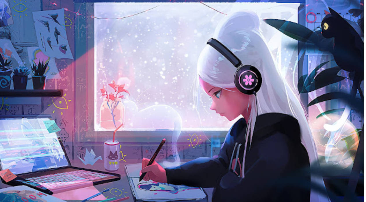 white haired girl, 4K Lo Fi, anime girl, SD Desktop Wallpaper