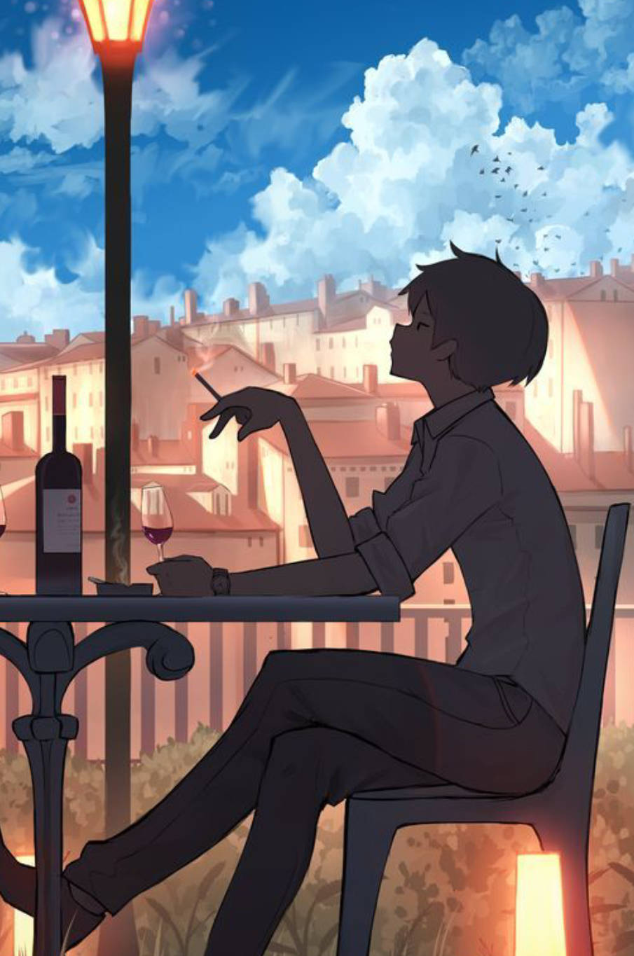 4K Lo Fi, outdoor cafe table, streetlamp, HD Phone Wallpaper