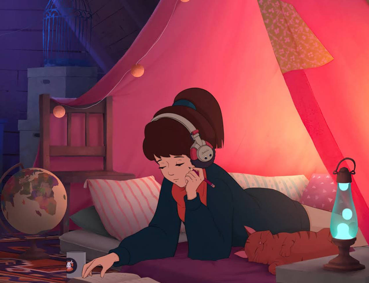 pink tent, glowing lava lamp, string lights, SD Desktop Wallpaper