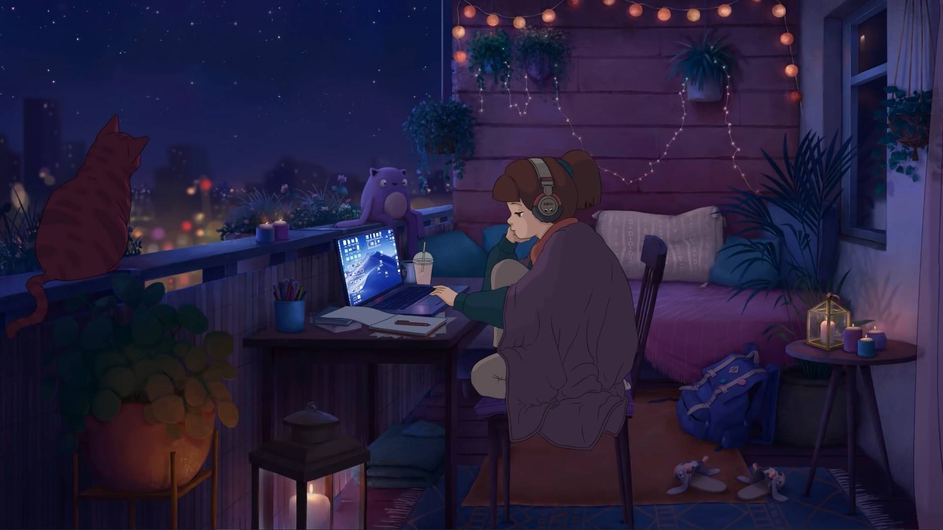 balcony, string lights, laptop, HD Desktop Wallpaper