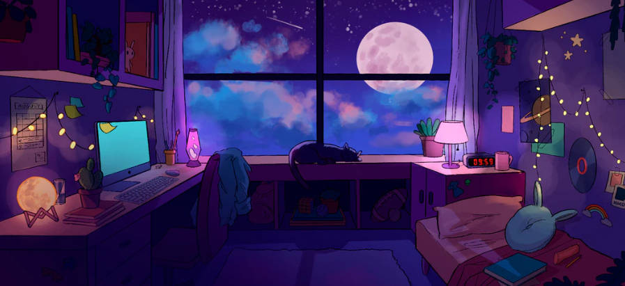 Room 4K Lo Fi, anime-style bedroom, night, SD Desktop Wallpaper
