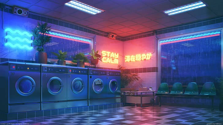 retro-futuristic laundromat, neon blue and pink light, checkered floors, SD Desktop Wallpaper