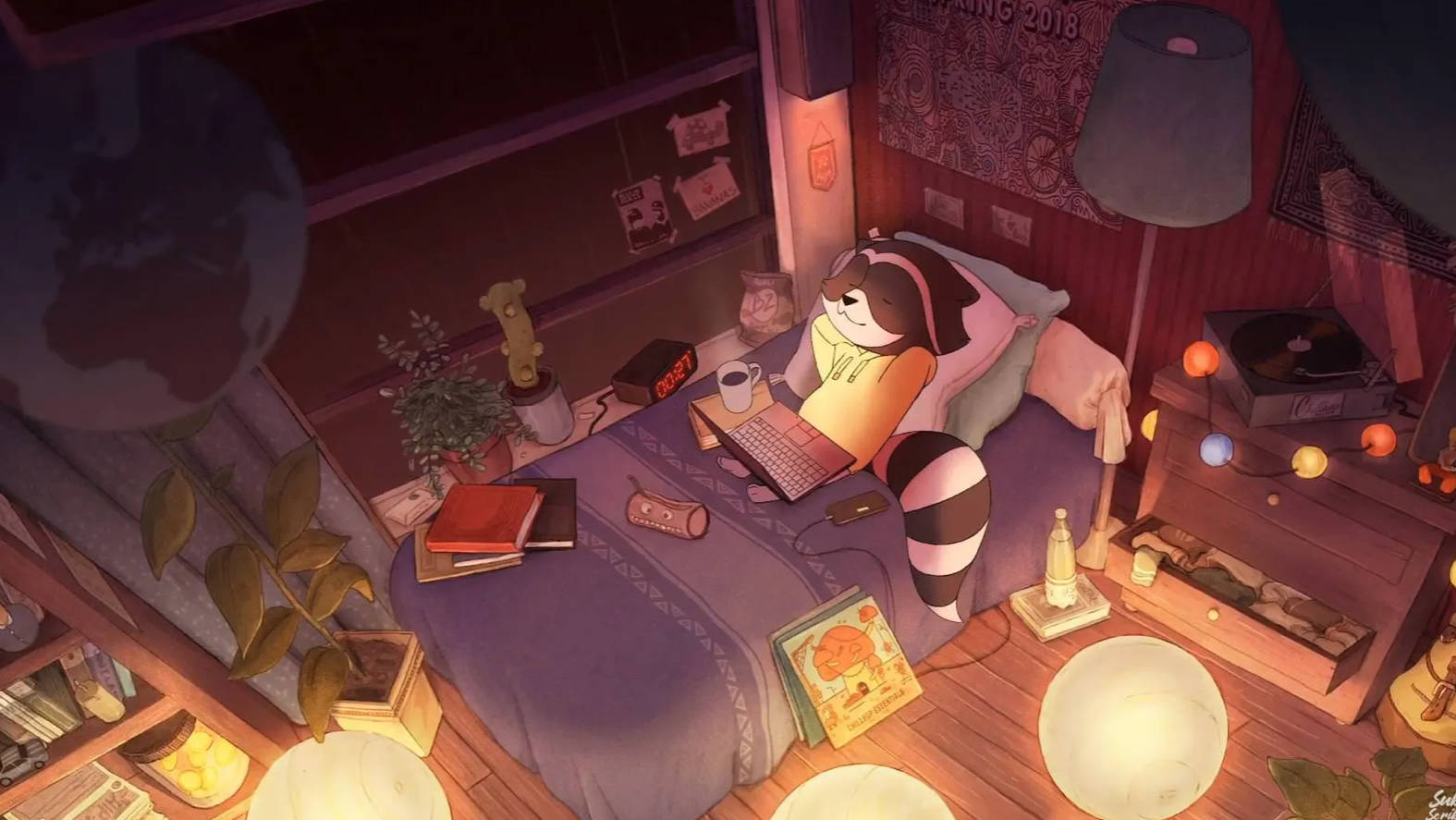raccoon, purple bedroom, warm lamps, HD Desktop Wallpaper