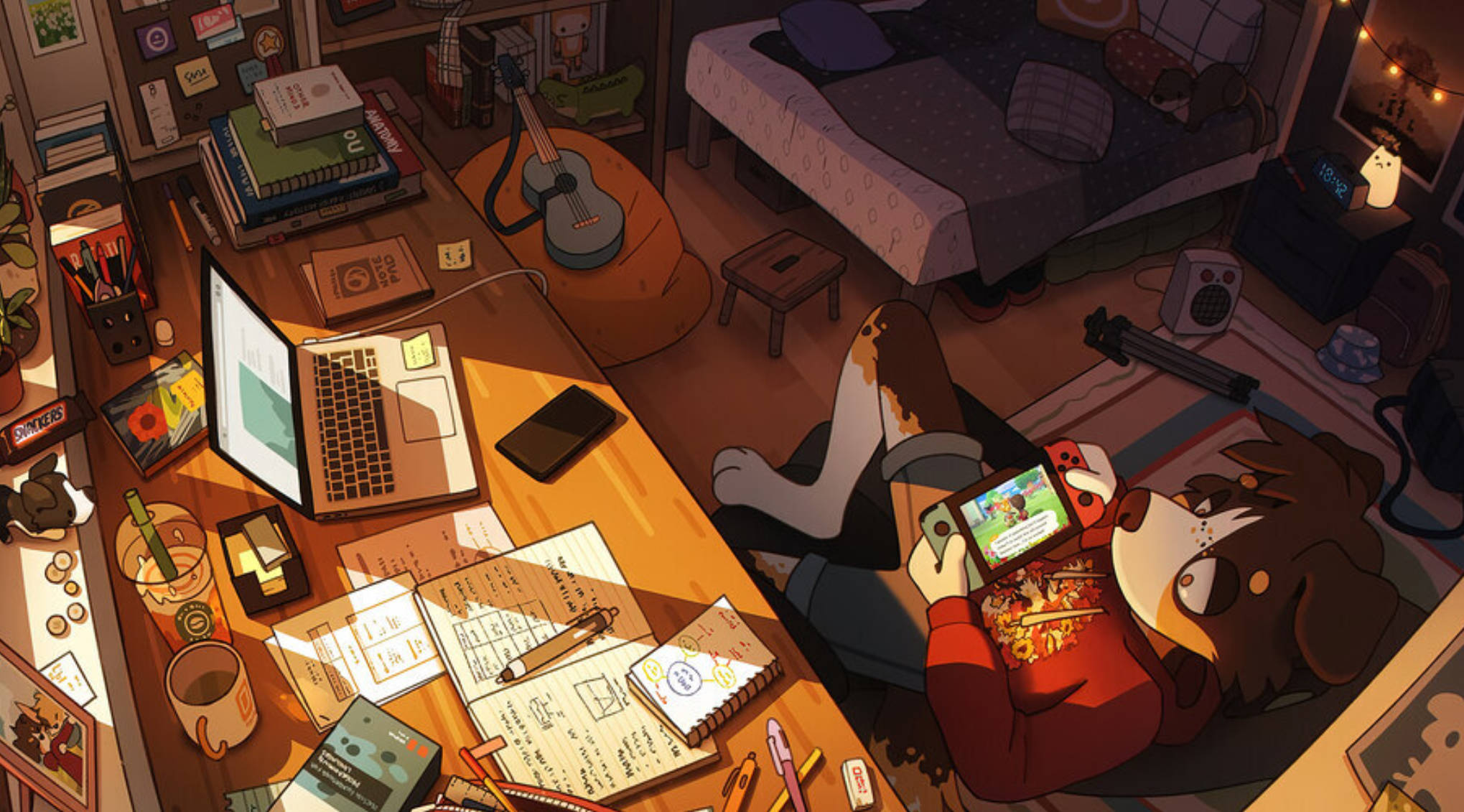 4K Lo Fi, anime-style room, dog in a red sweater, Full HD Desktop Wallpaper