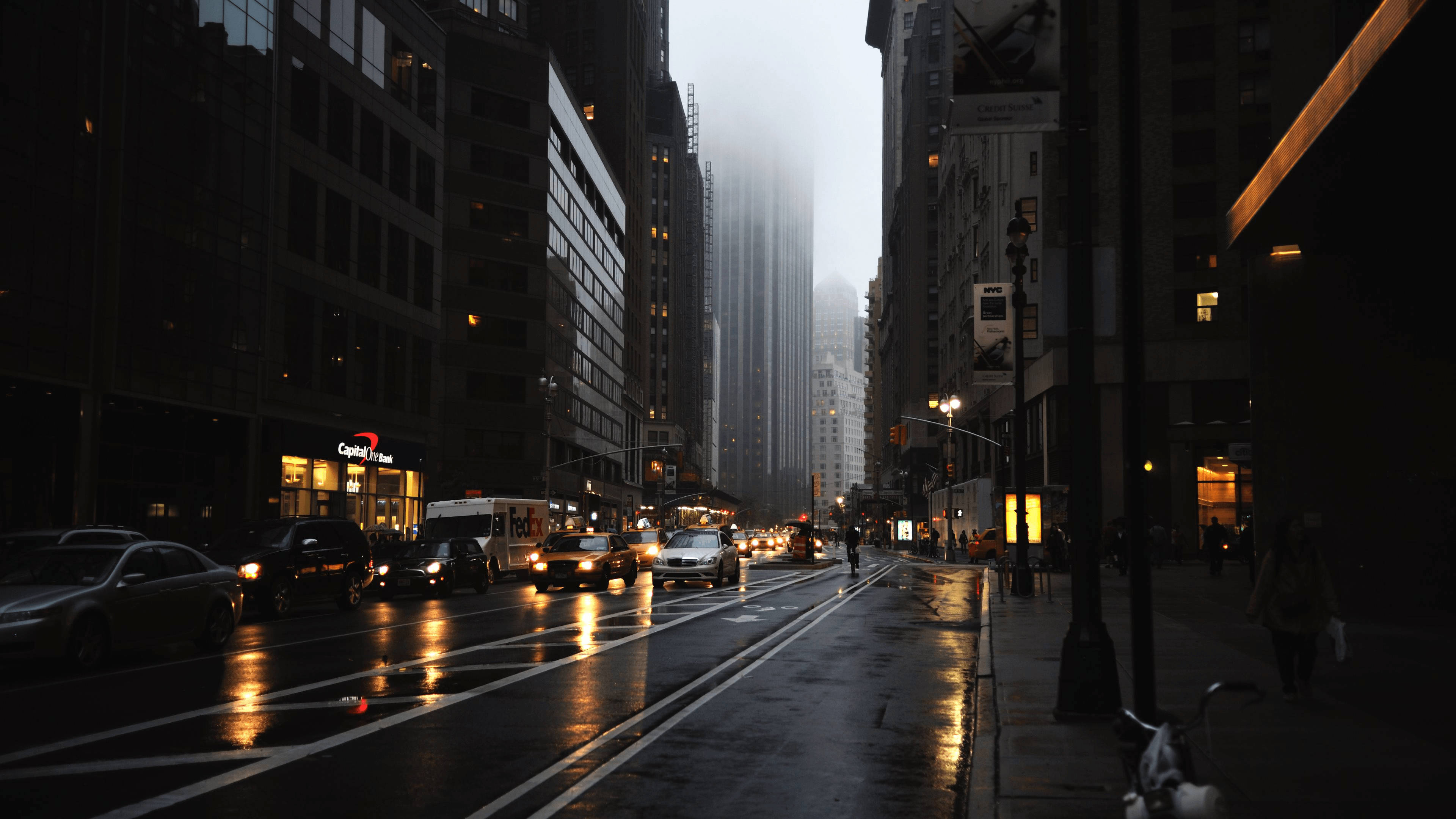 Foggy City 4K PC, rainy city street, dusk, 4K Desktop Wallpaper