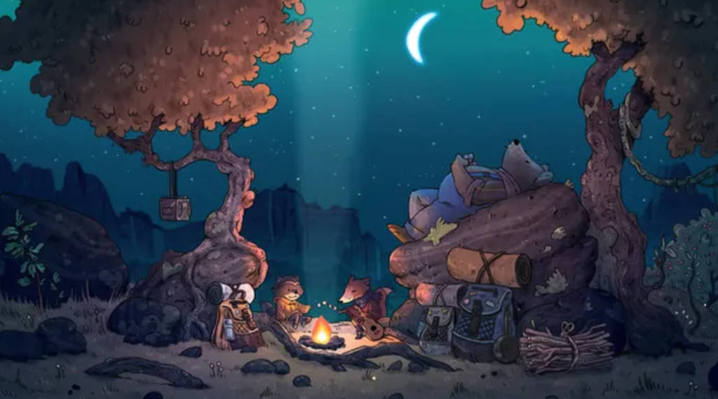 crescent moon, mystical forest, campfire, SD Desktop Wallpaper