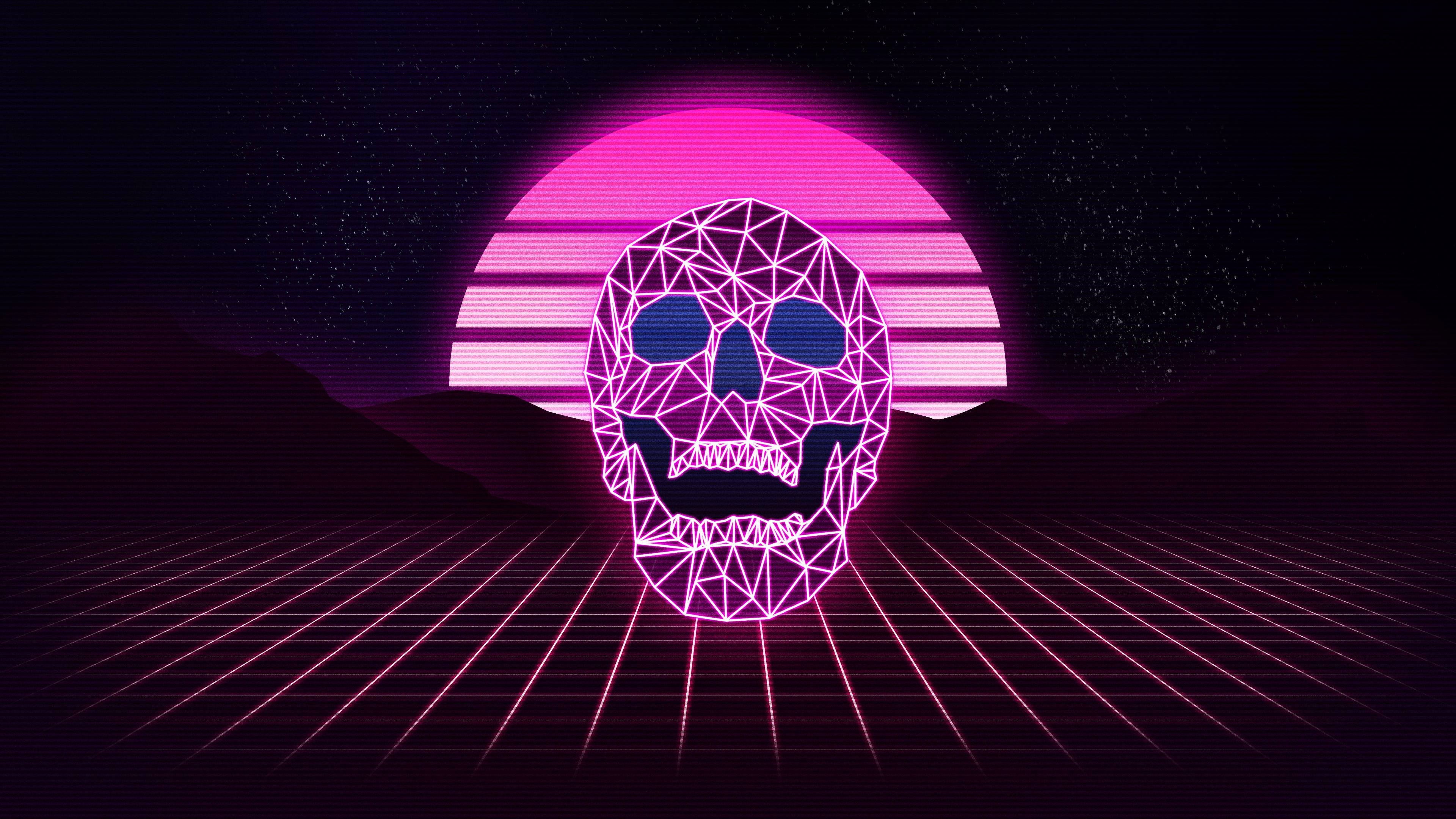 skull, glowing pink geometric skull, neon grid, 4K Desktop Wallpaper
