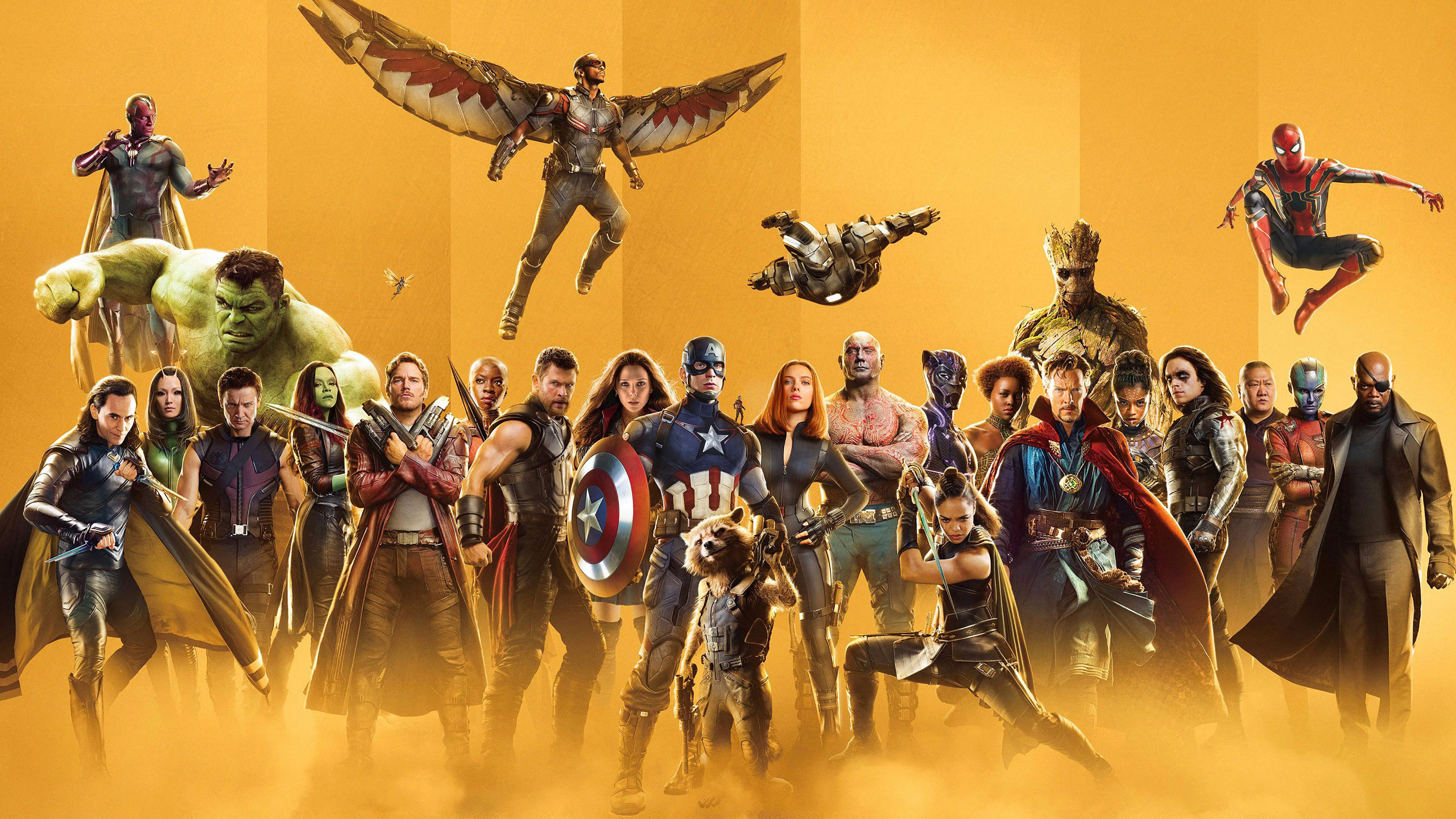 4K Marvel, superhero ensemble, golden backdrop, 4K Desktop Wallpaper