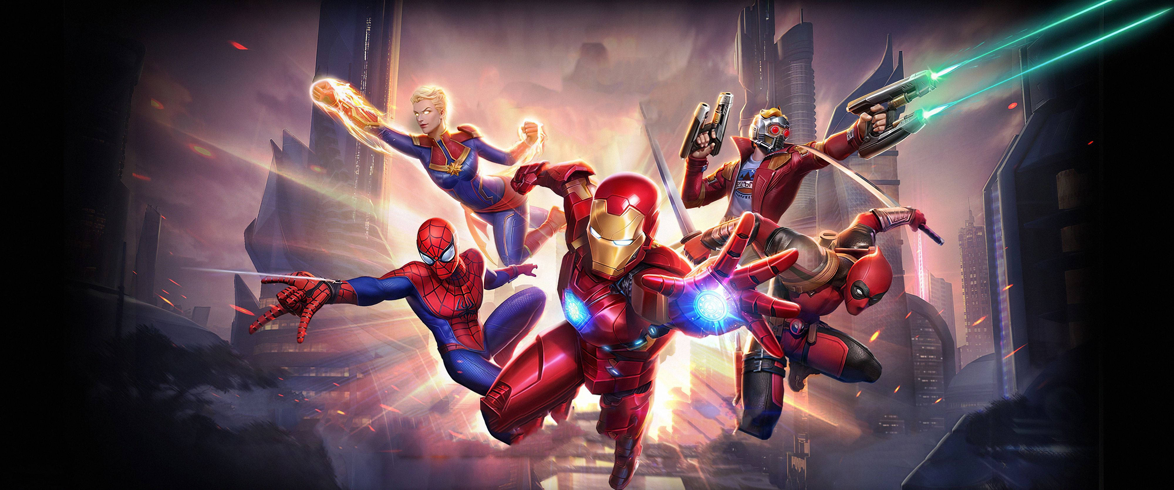 4K Marvel, superhero team, fiery urban skyline, 4K Desktop Wallpaper